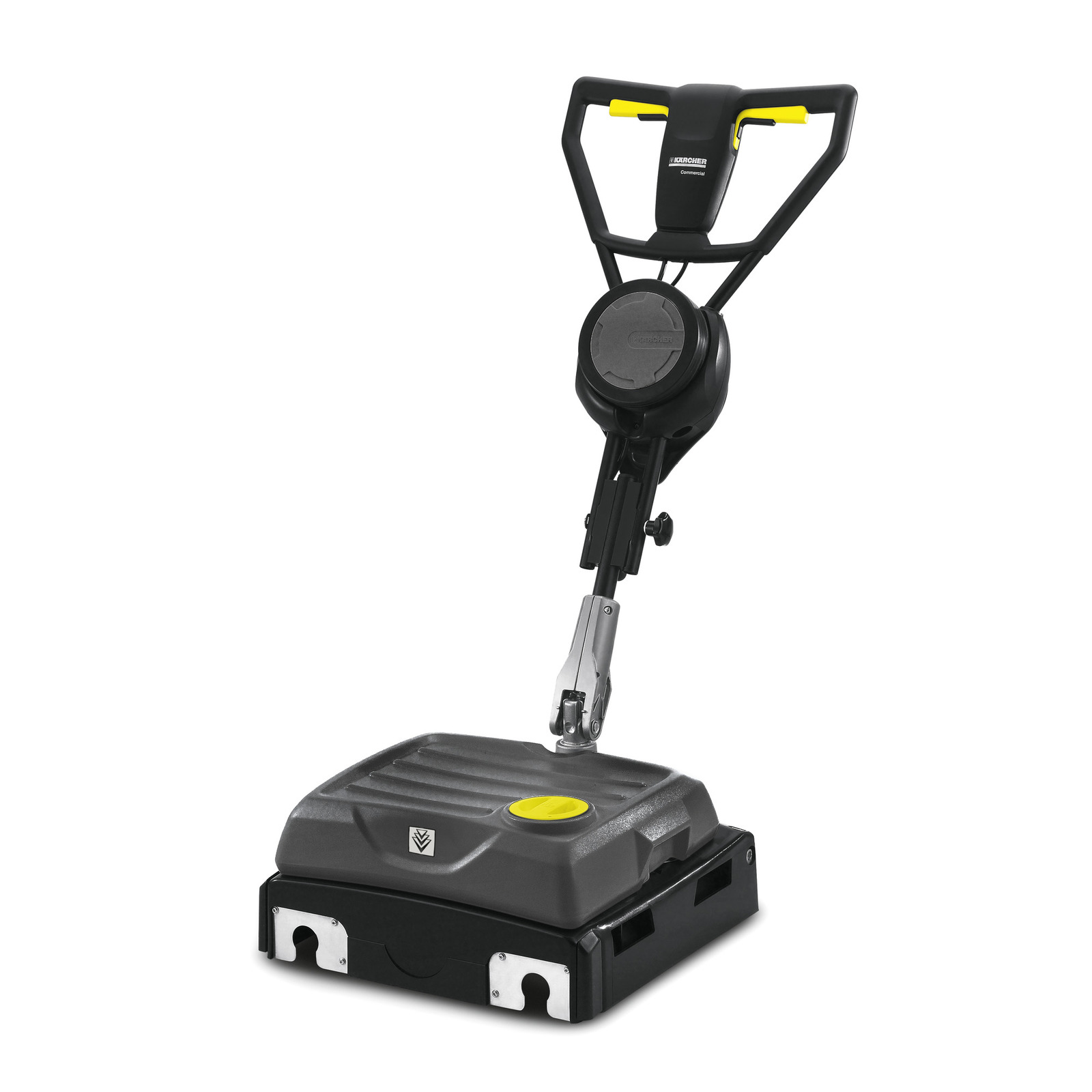 Kärcher commercial floor scrubber with a black handle and grey body, featuring yellow accents.
