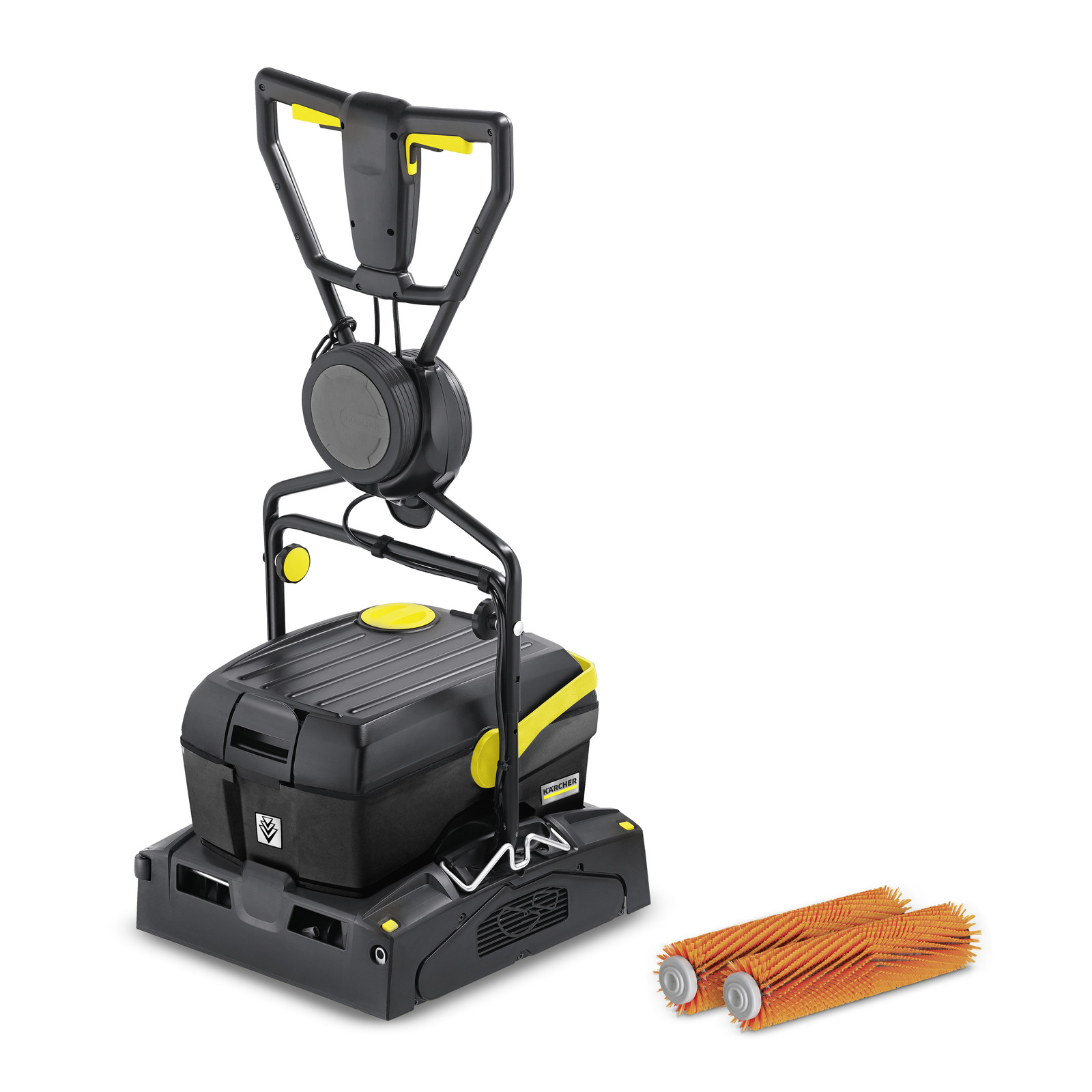 Aspirator Kärcher pentru podele, negru cu accente galbene, alături de două perii portocalii. Aspirator Kärcher pentru podele, negru cu accente galbene, alături de două perii portocalii.