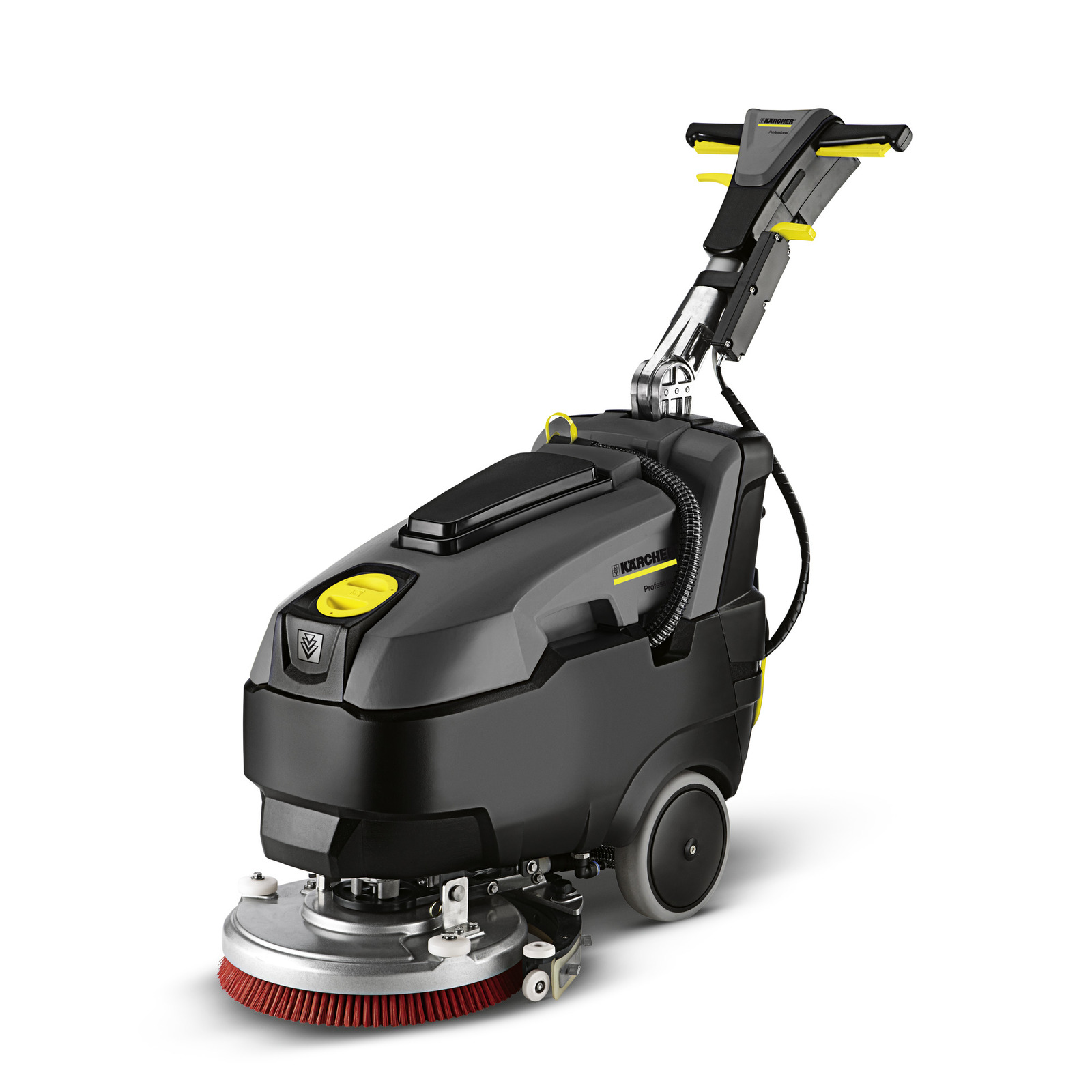 Kärcher floor scrubber with red brush, black and yellow design, adjustable handle, and wheels for mobility.