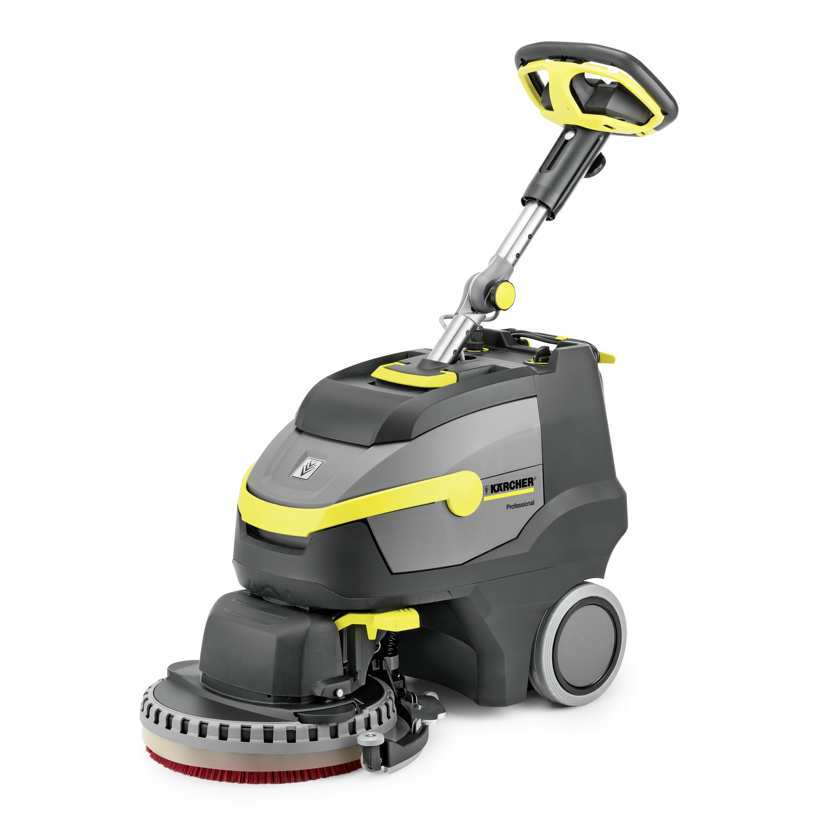Kärcher floor scrubber with a grey and yellow design, featuring a handle and circular brush attachment. Kärcher floor scrubber with a grey and yellow design, featuring a handle and circular brush attachment.