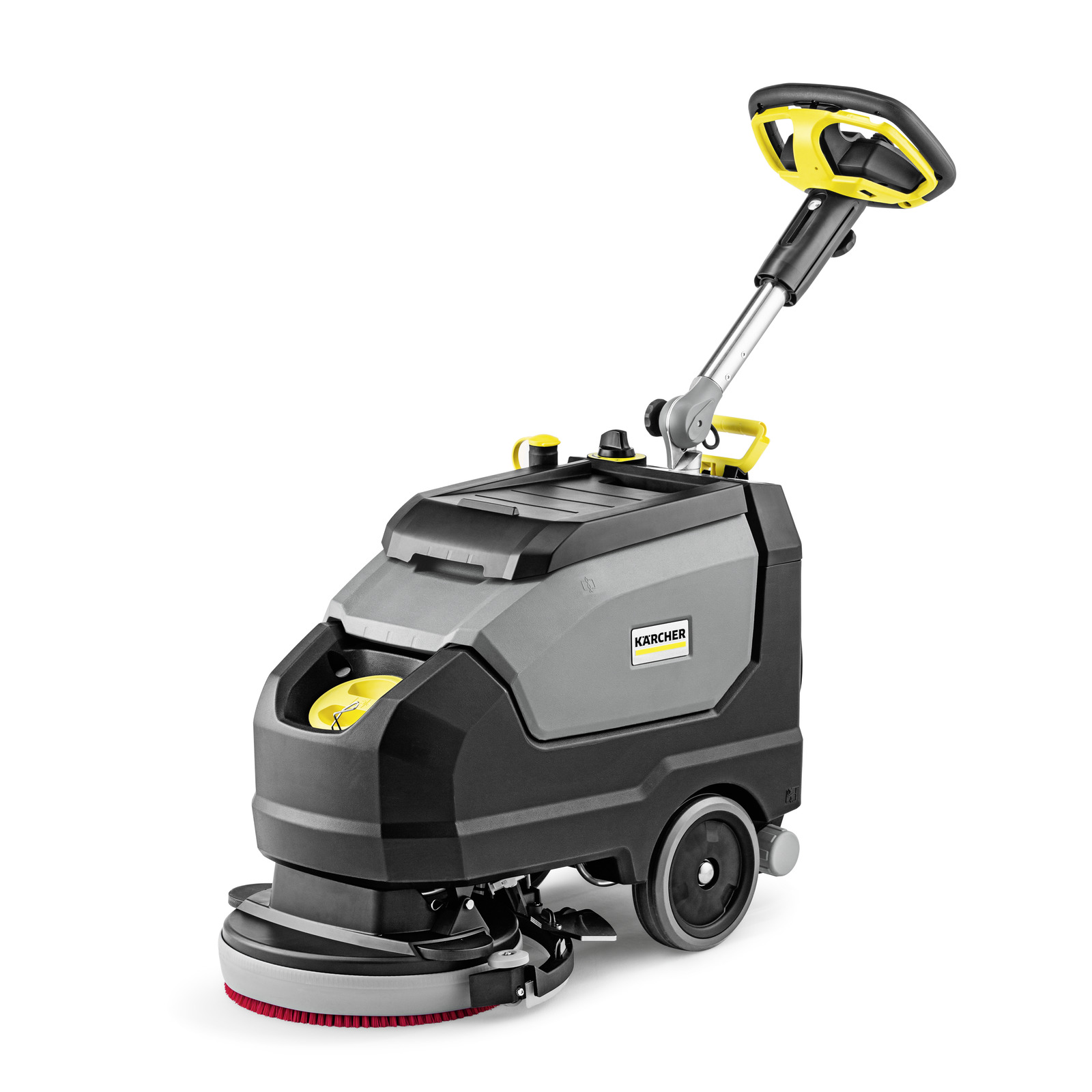 Aspirator Kärcher pentru podele, cu design compact, roți și mâner ajustabil, pe fundal alb.
