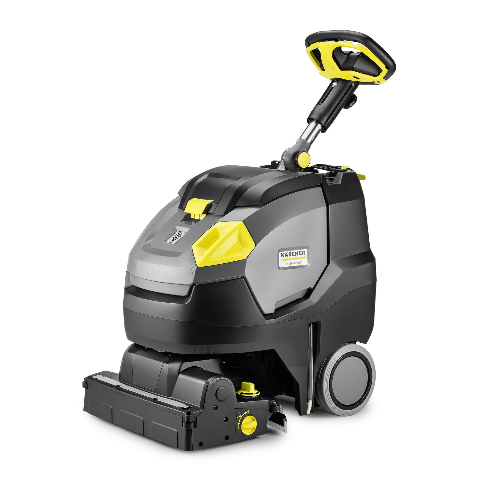 Kärcher floor scrubber with grey and yellow design, featuring a handle and wheels for mobility.