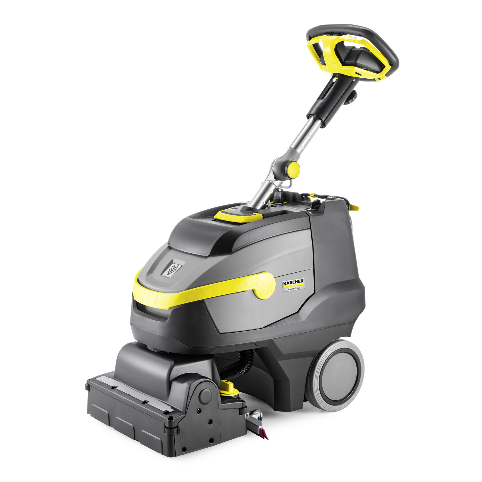 Aspirator Kärcher cu presiune, gri și galben, cu mâner ergonomic și roți mari, pe fundal alb.