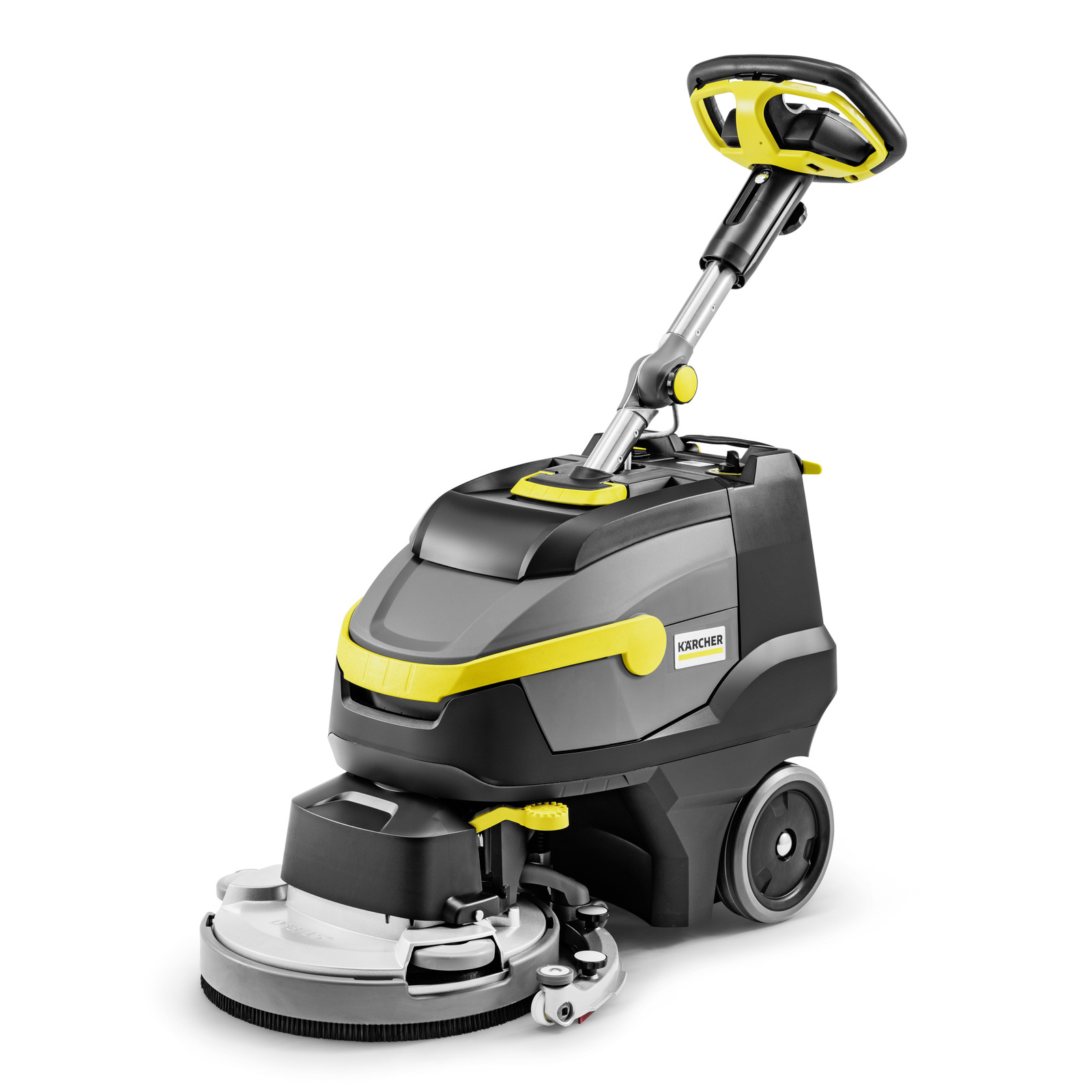 Kärcher walk-behind scrubber drier with a rotating brush head, dark grey and yellow, on a white background.