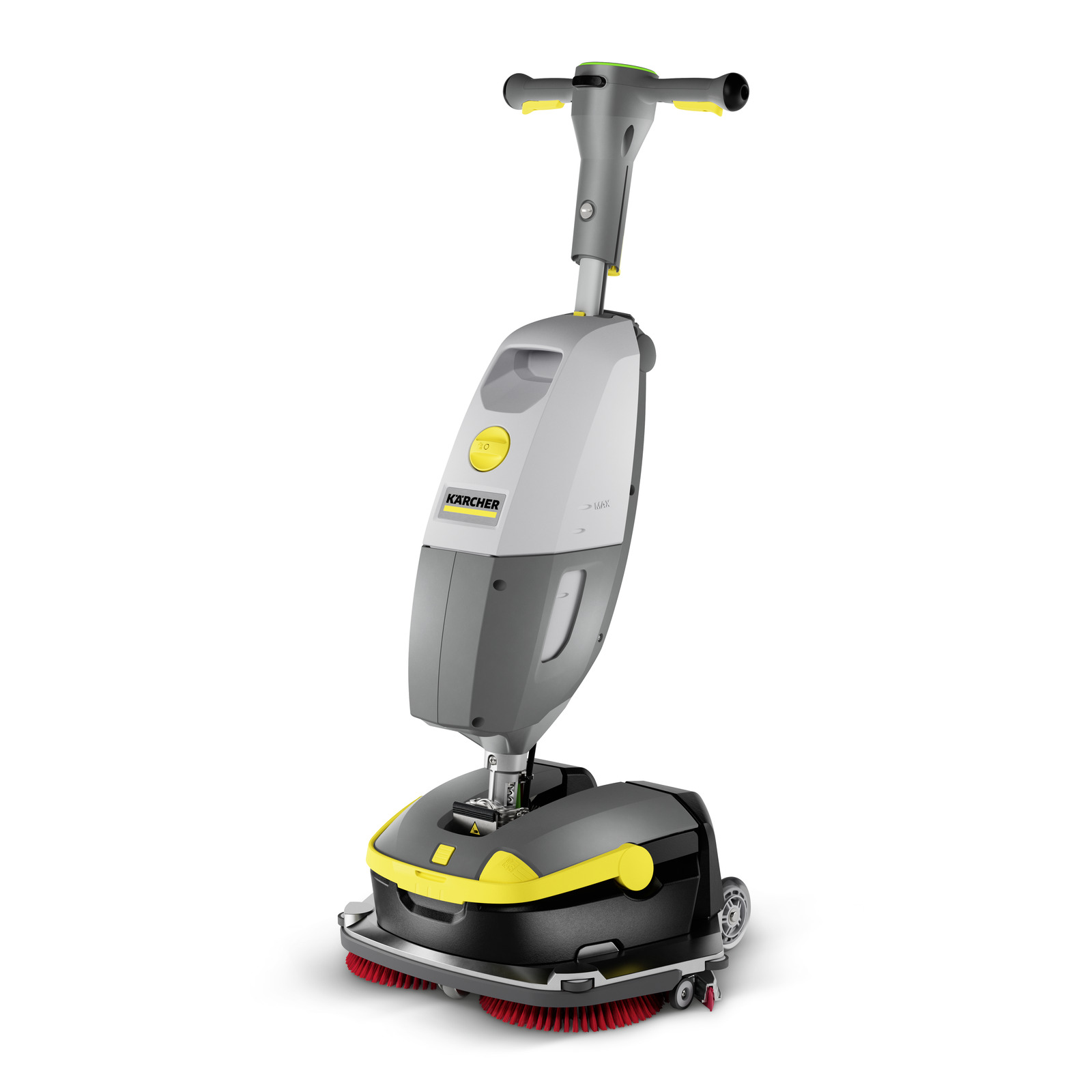 Kärcher Bodenreinigungsmaschine mit grauem Gehäuse, gelben Akzenten und roten Bürsten auf weißem Hintergrund.