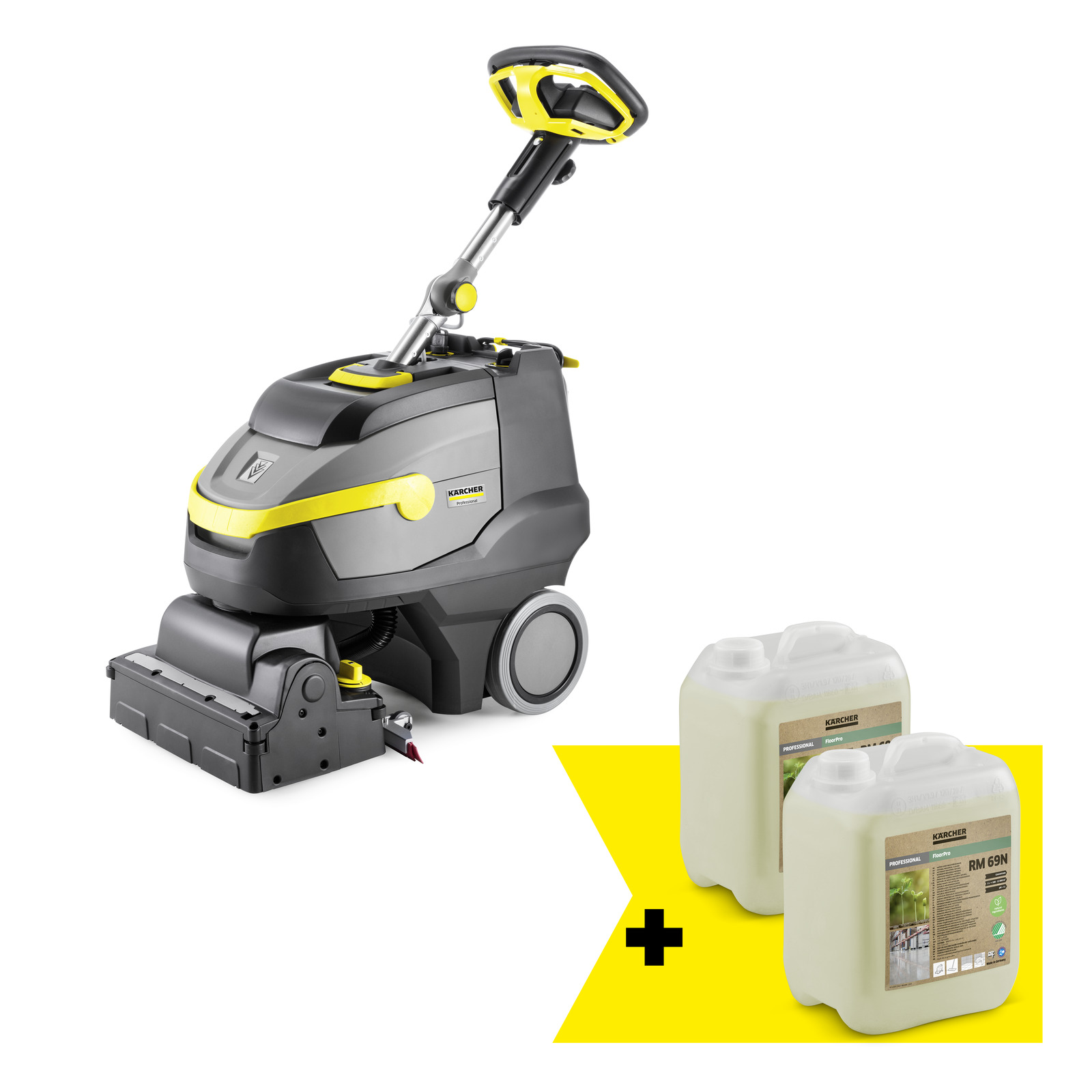 Kärcher Scheuersaugmaschine mit zwei Kanistern Reinigungsmittel, vor weißem Hintergrund.