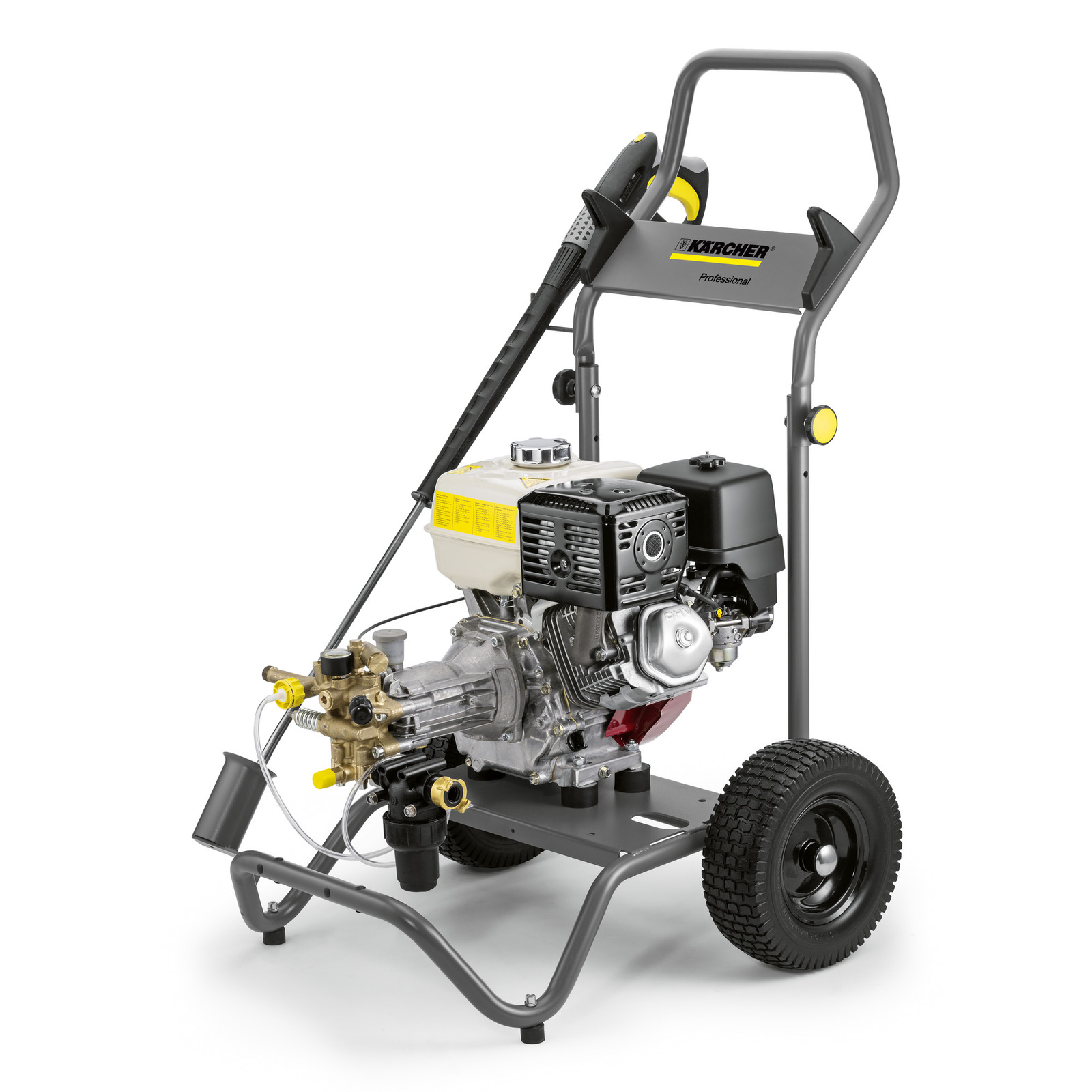 Kärcher high-pressure cleaner with a robust frame, large wheels, and a mounted engine, designed for professional use. Kärcher high-pressure cleaner with a robust frame, large wheels, and a mounted engine, designed for professional use.