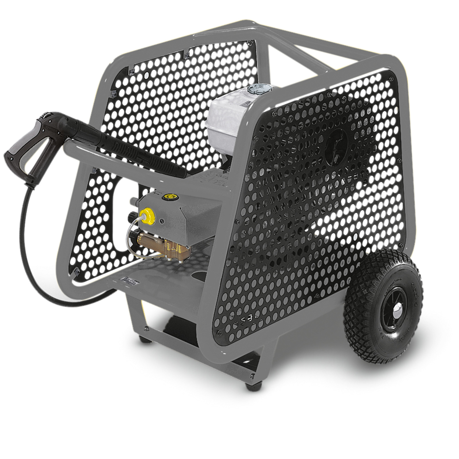 Kärcher high-pressure cleaner with a perforated metal frame and wheels, featuring a handle and hose attachment. Kärcher high-pressure cleaner with a perforated metal frame and wheels, featuring a handle and hose attachment.