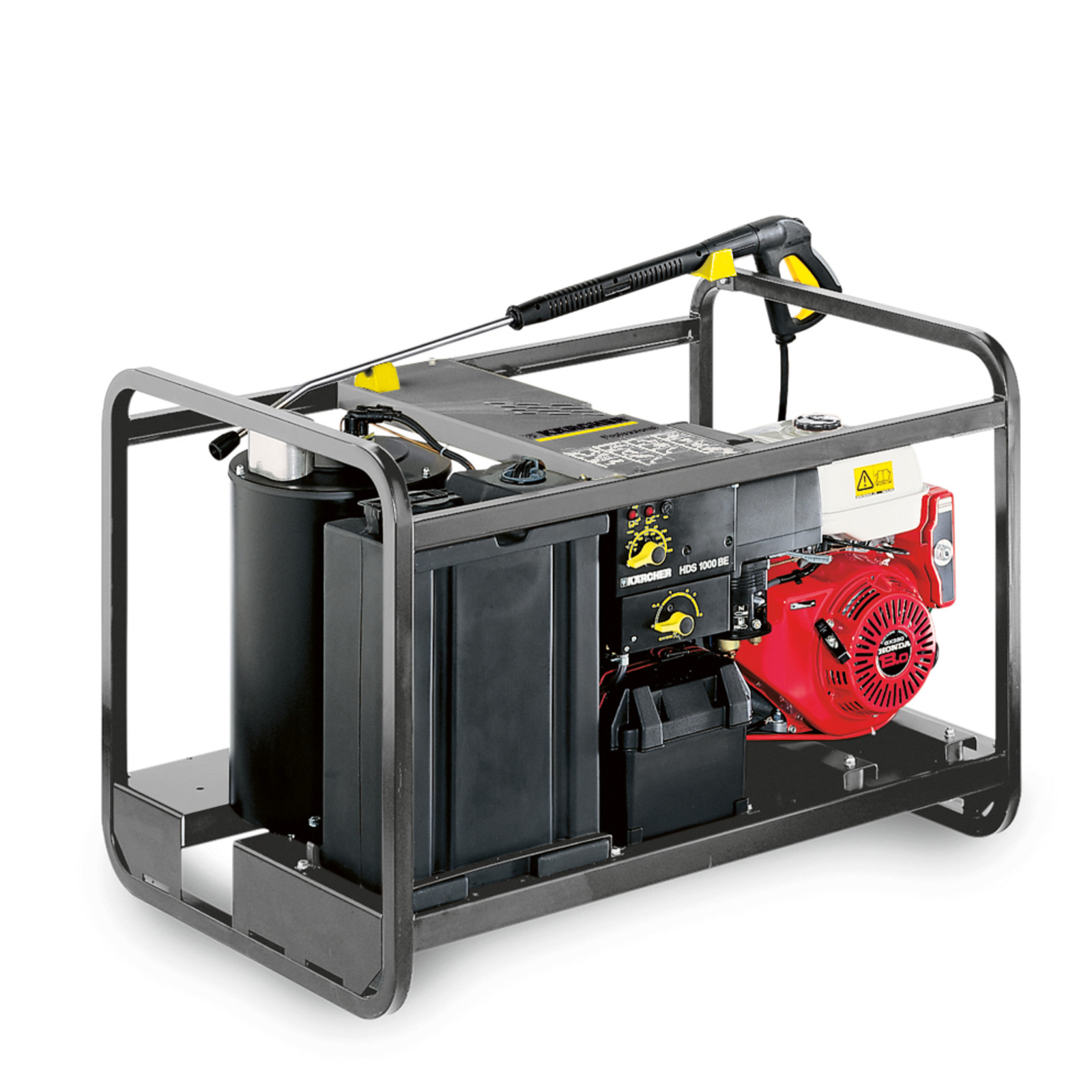 Kärcher HDS 1000 BE high-pressure cleaner with a red engine and black frame, featuring control panel and hose.