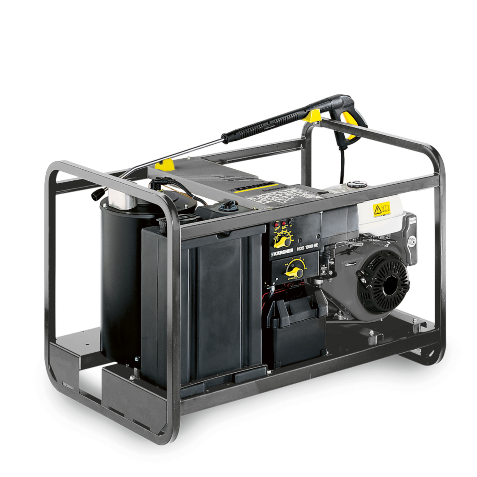 Kärcher HDS 1000 BE high-pressure cleaner with a metal frame, control panel, and attached spray gun.