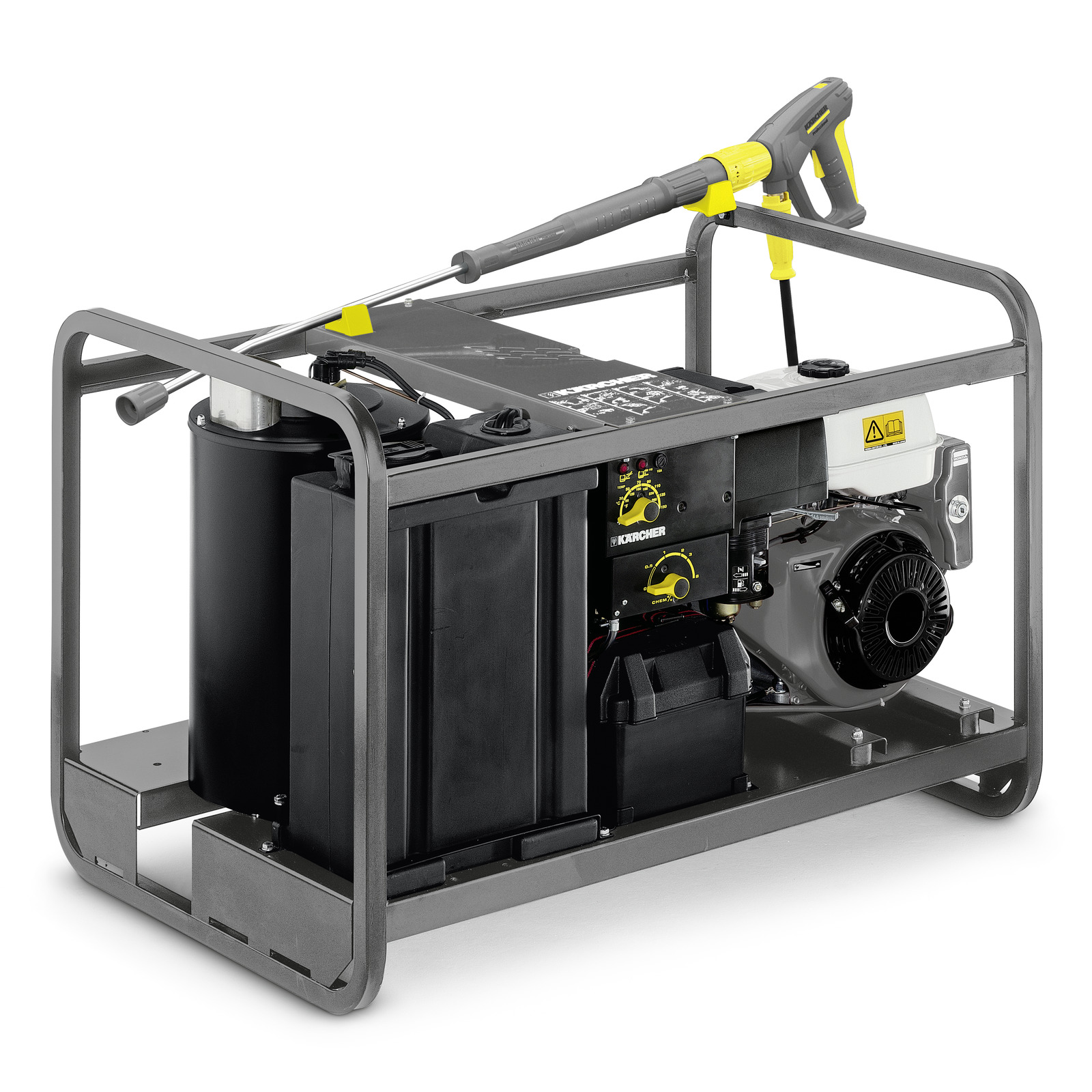 Kärcher high-pressure cleaner with a metal frame, control panel, and attached spray gun, set on a white background.