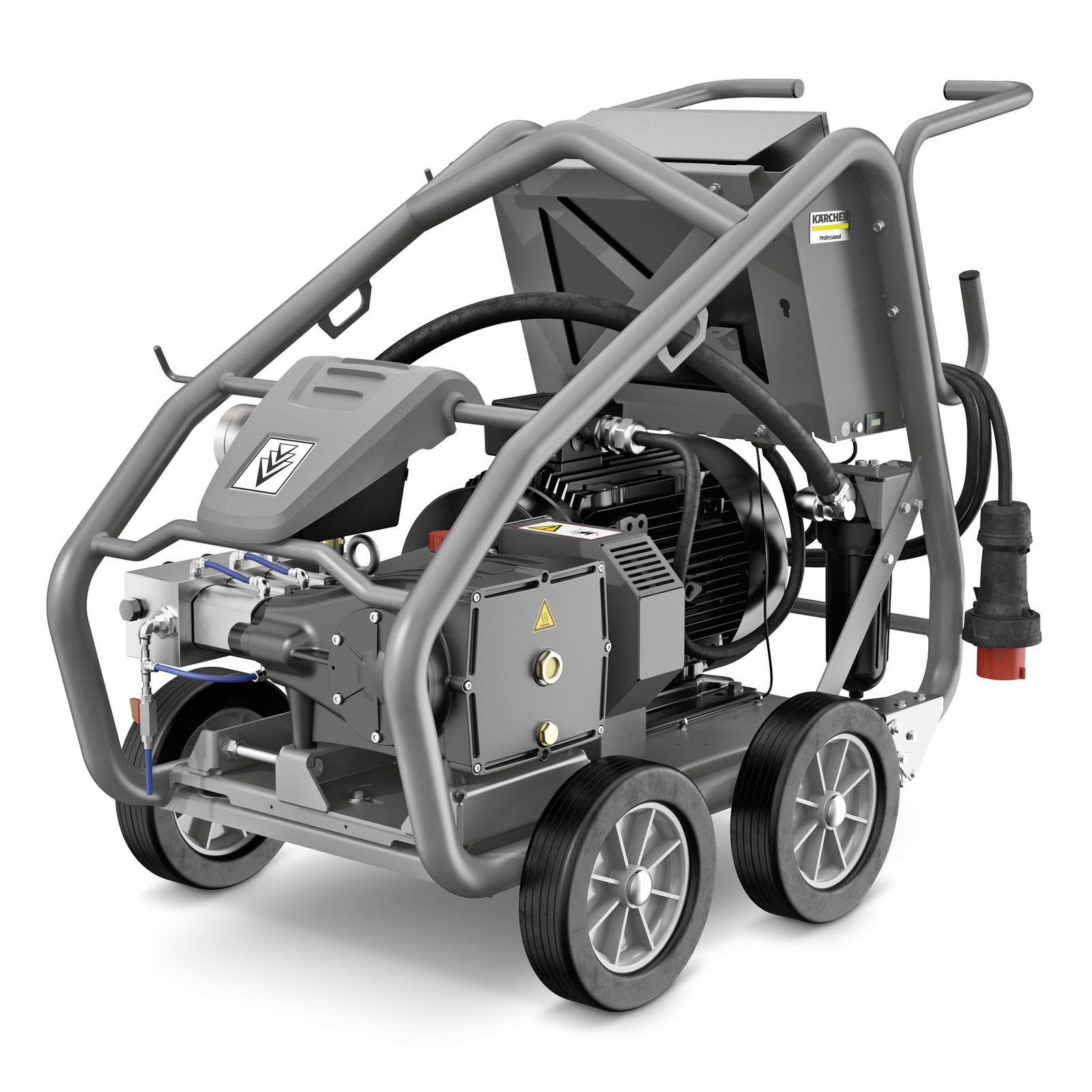 Kärcher high-pressure cleaner with robust frame, wheels, and visible motor components. Kärcher high-pressure cleaner with robust frame, wheels, and visible motor components.