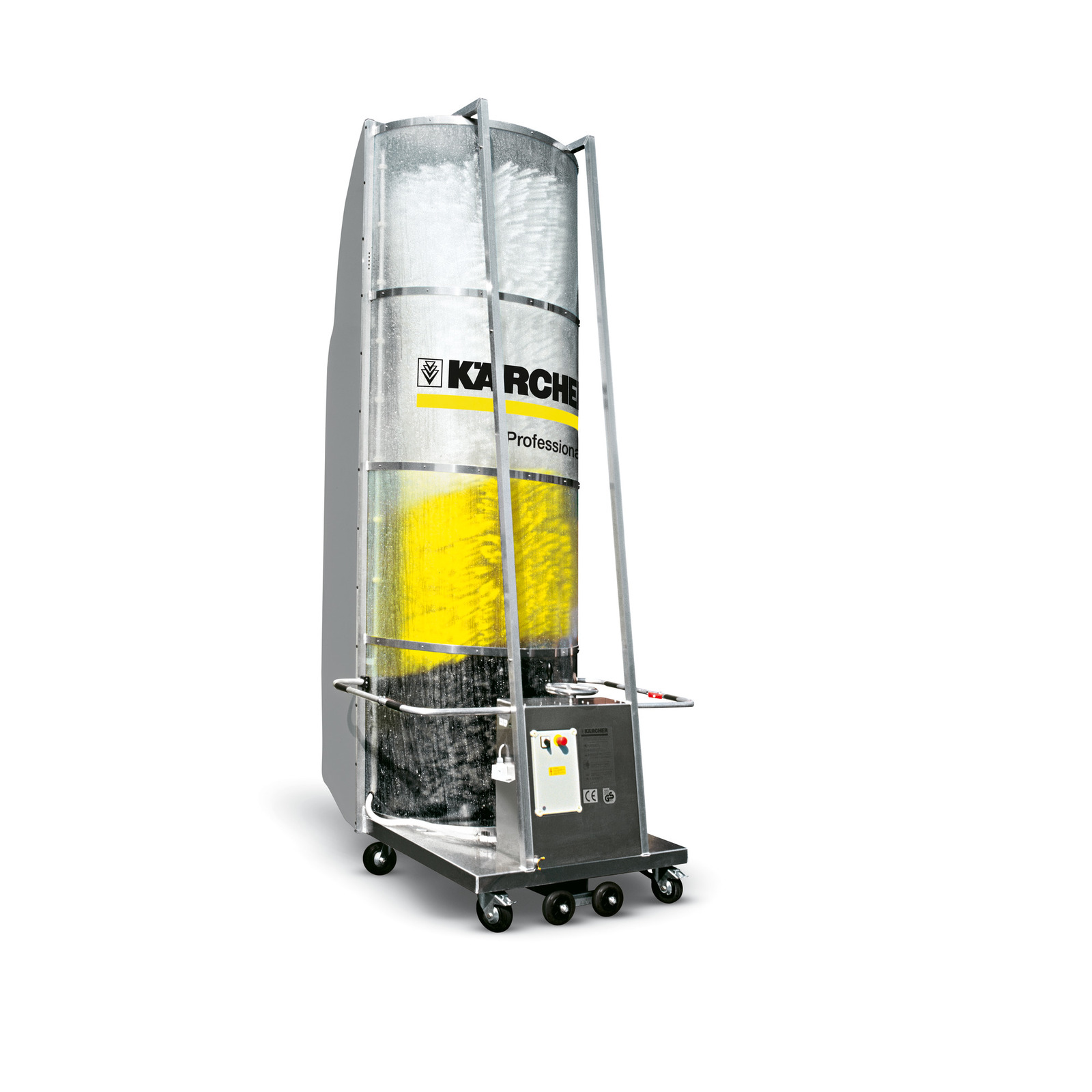Kärcher SB-Waschanlage mit gelbem Bürstenkopf und Steuerpanel, montiert auf Rollen.