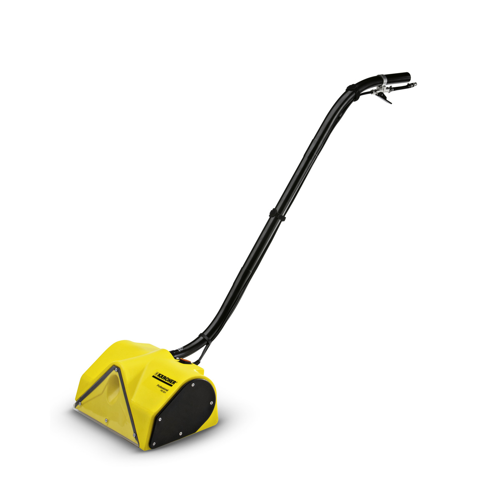 Yellow Kärcher floor cleaner with a long black handle, isolated on a white background.