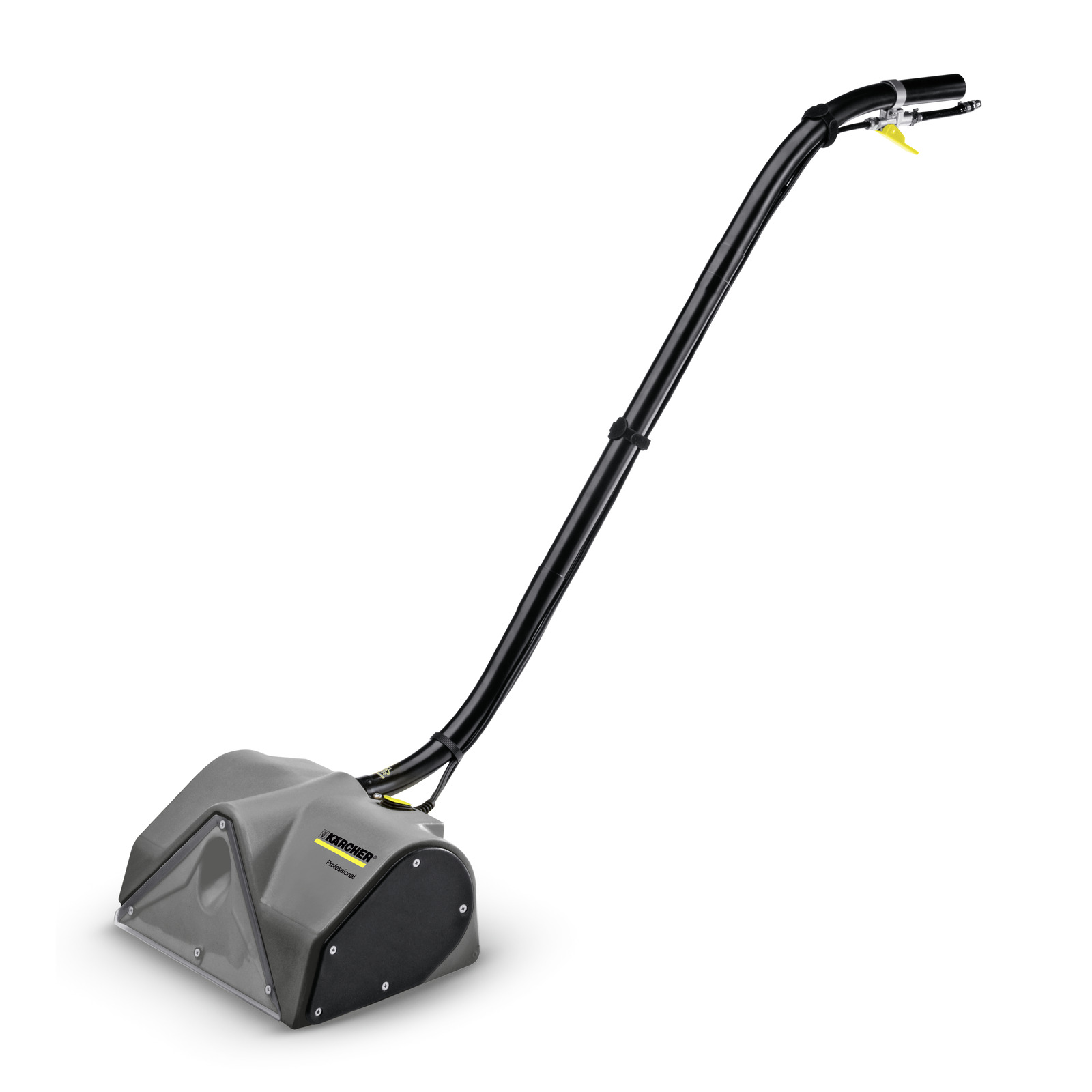 Kärcher carpet cleaner with a long black handle and grey cleaning head, designed for professional use.