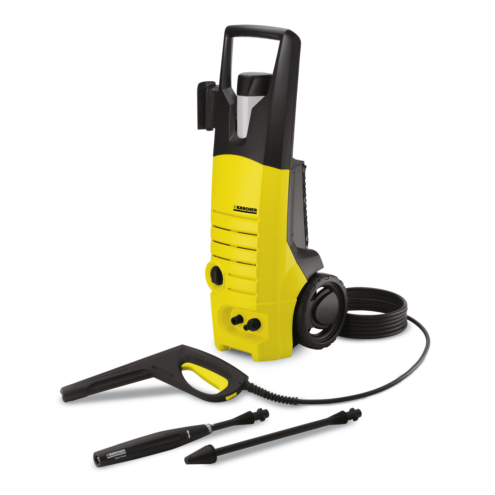 Yellow Kärcher high-pressure cleaner with hose, spray gun, and lance attachments on a white background.