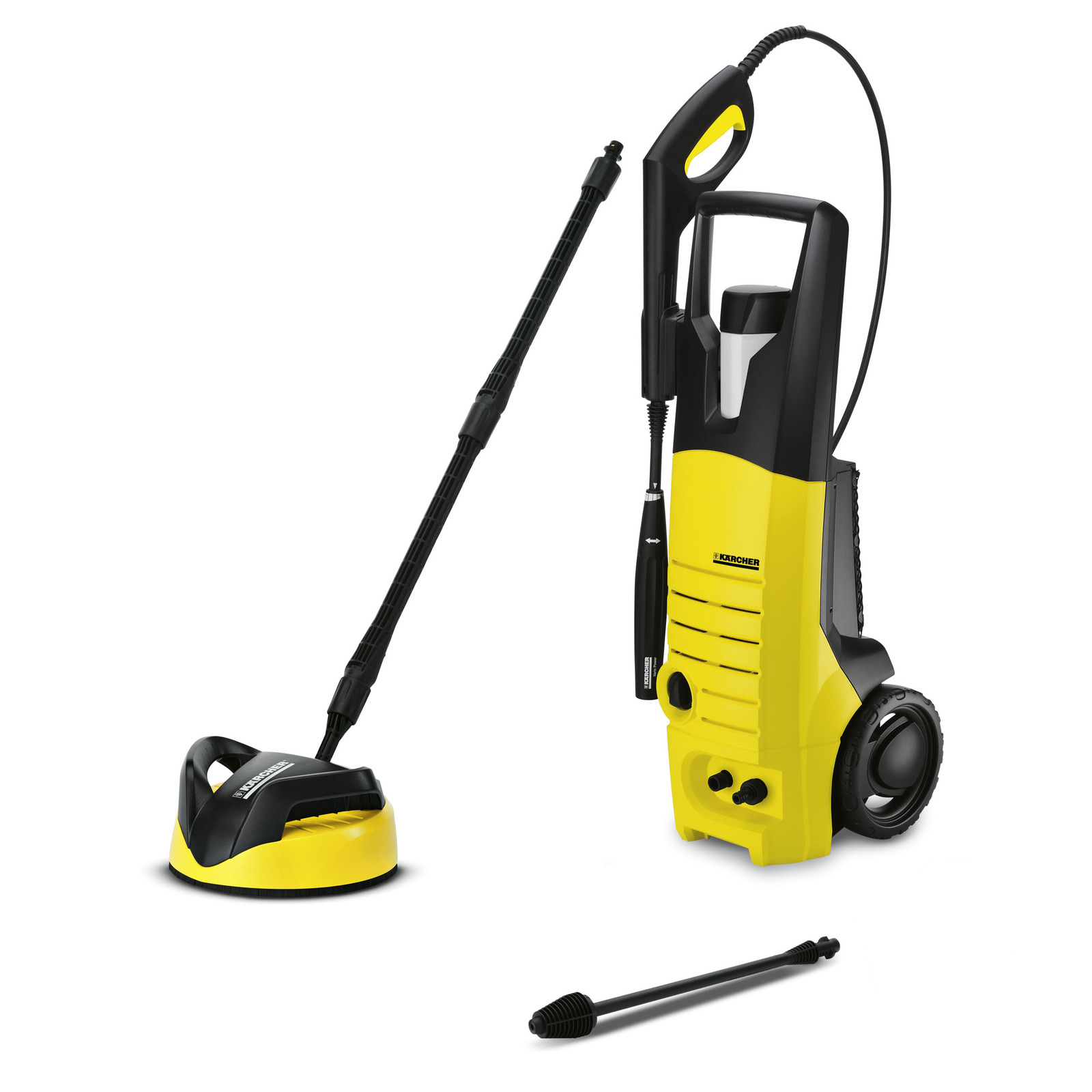 Kärcher high-pressure cleaner with yellow and black design, includes a surface cleaner attachment and a lance.