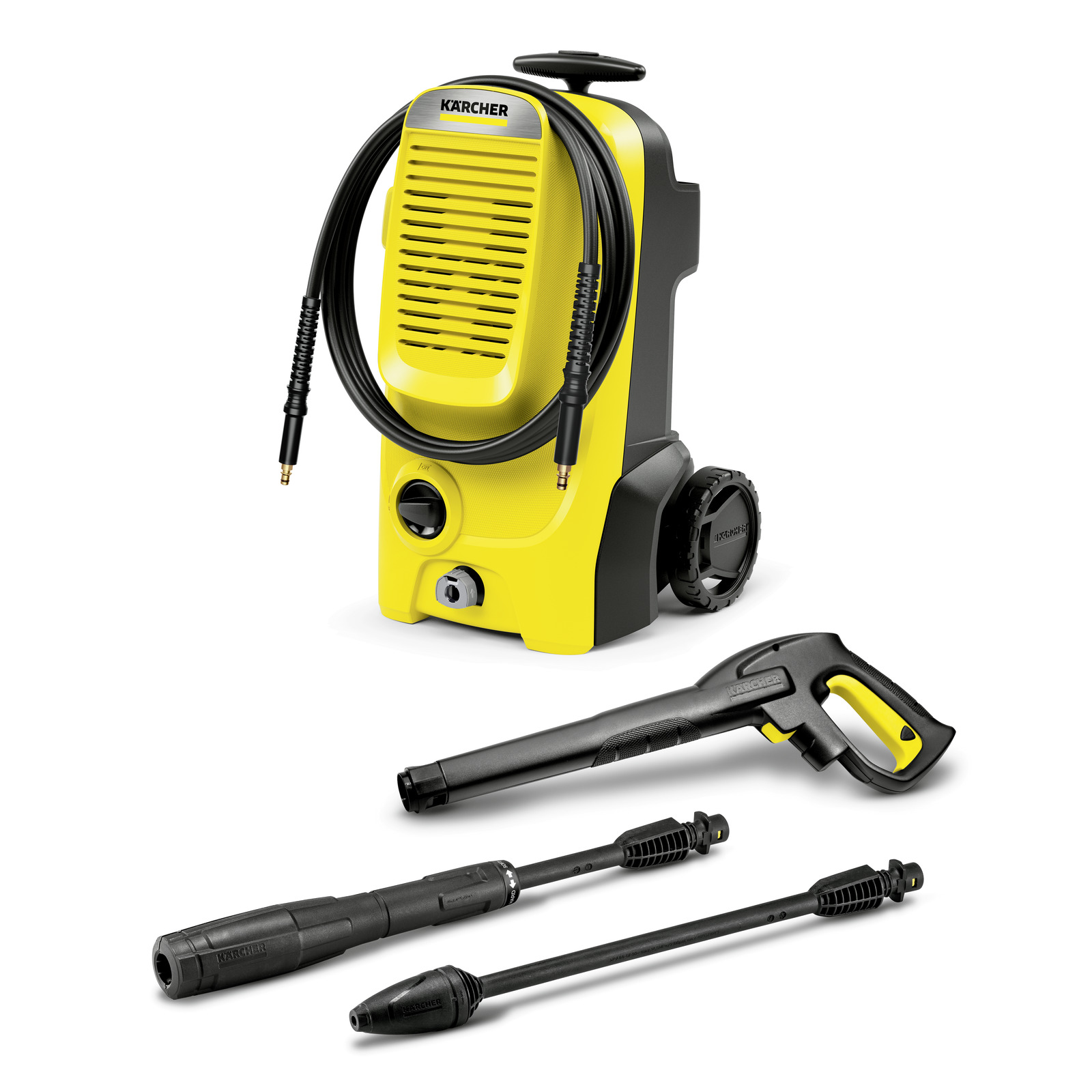 Kärcher high-pressure cleaner with yellow body, hose, spray gun, and two lance attachments on white background.