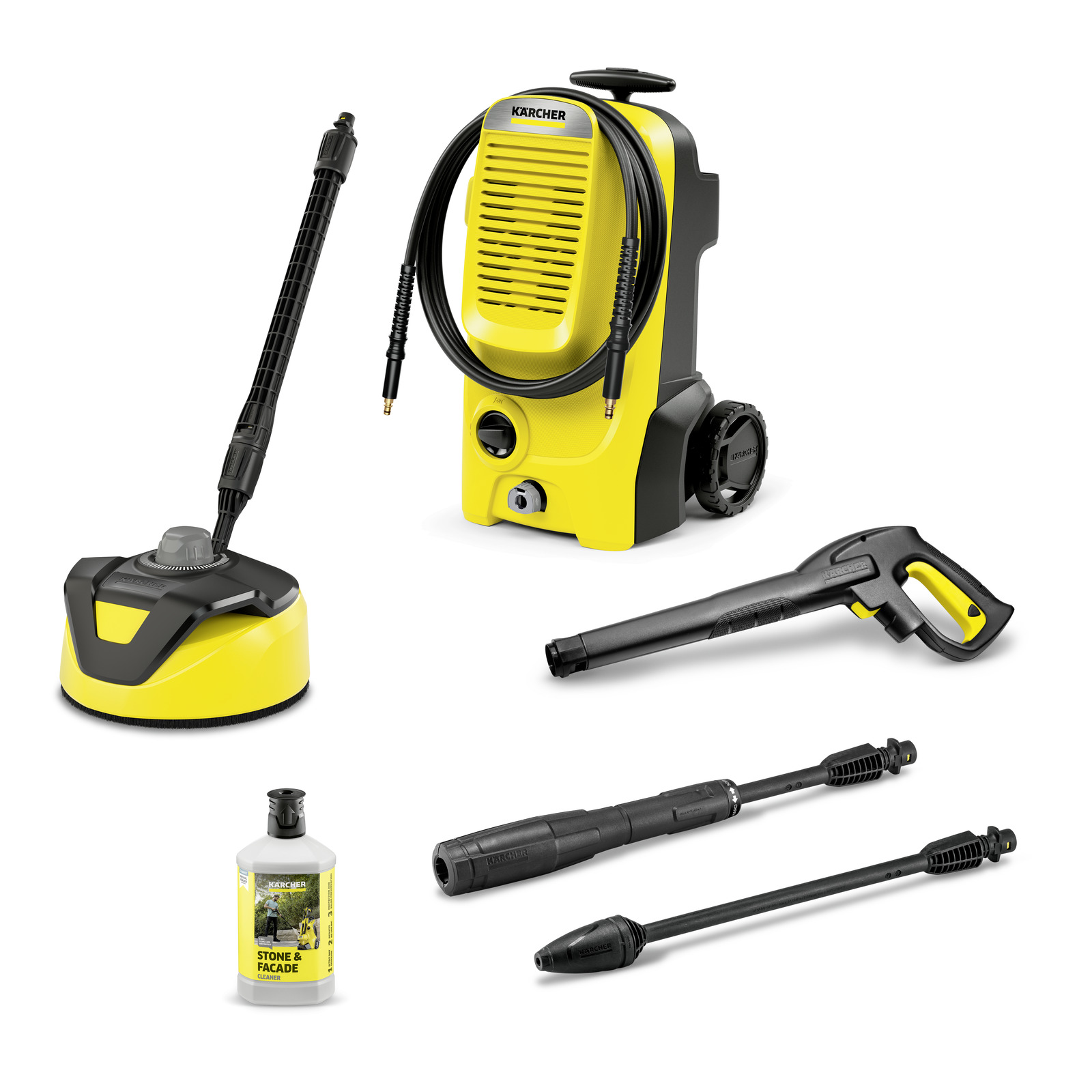Kärcher high-pressure cleaner set with accessories including a spray gun, extension wands, surface cleaner, and cleaning detergent.