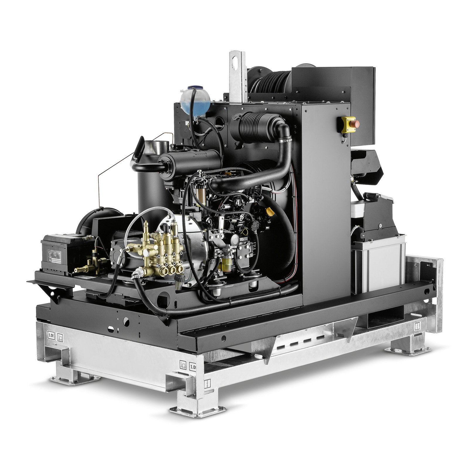 Kärcher industrial high-pressure cleaner with visible engine components and hoses, mounted on a metal frame.