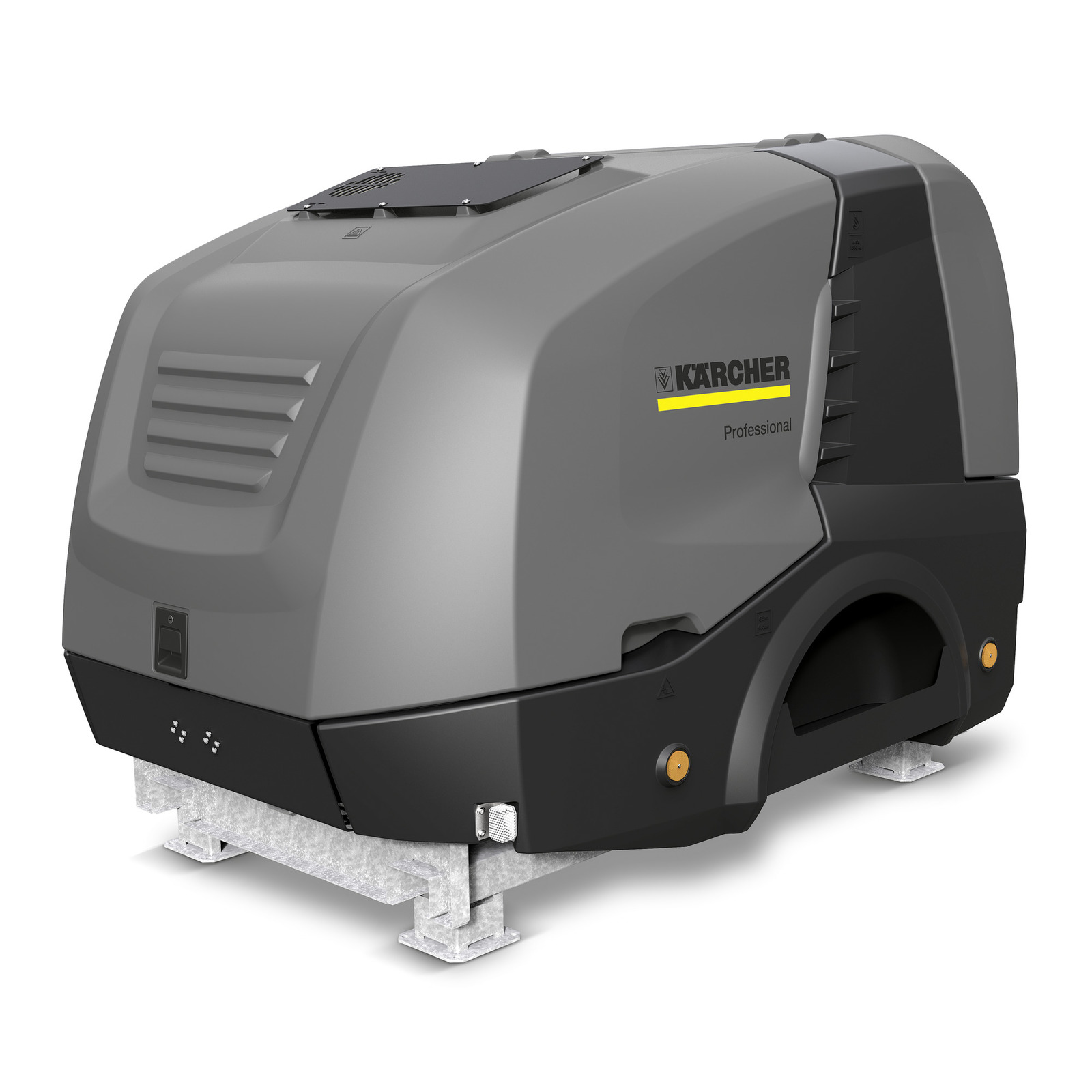 Grey Kärcher professional high-pressure cleaner with a sleek design, mounted on a metal base.
