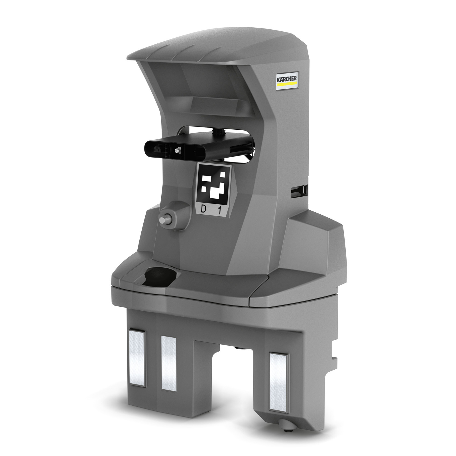 Grey Kärcher robotic cleaning device with a digital display and sensors, featuring a sturdy base and angular design.