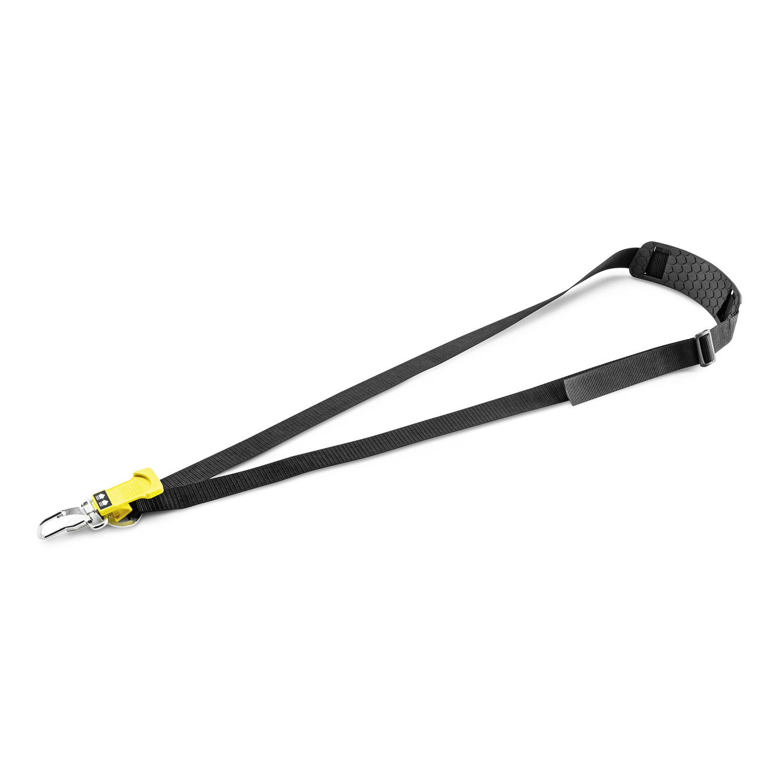 Black strap with a hexagonal textured pad and a yellow clip attached to a metal hook on a white background. Black strap with a hexagonal textured pad and a yellow clip attached to a metal hook on a white background.