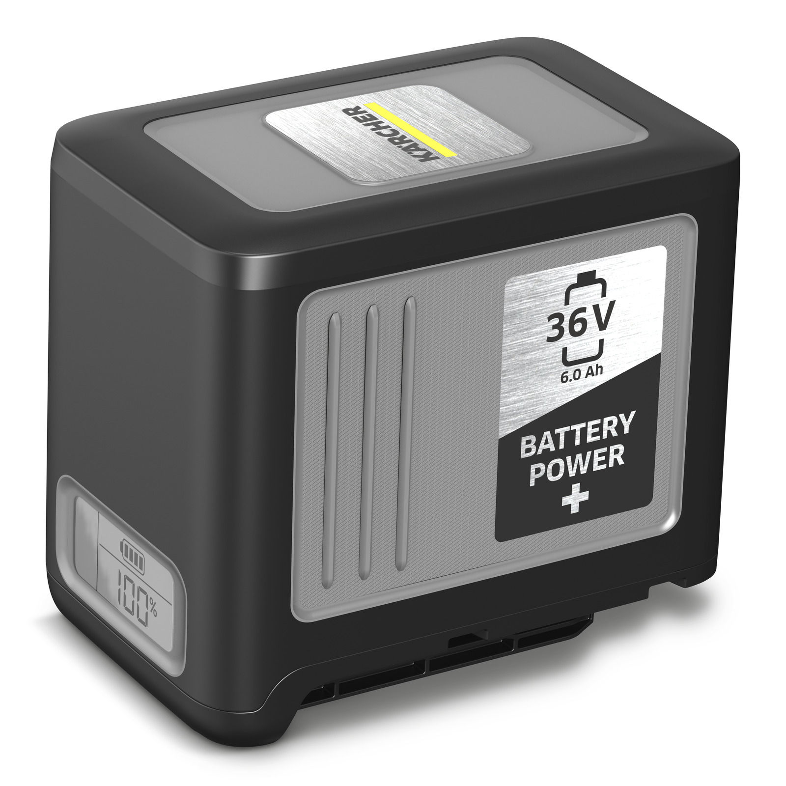 Kärcher 36V 6.0 Ah battery with digital display showing 100% charge, featuring Battery Power+ branding. Kärcher 36V 6.0 Ah battery with digital display showing 100% charge, featuring Battery Power+ branding.