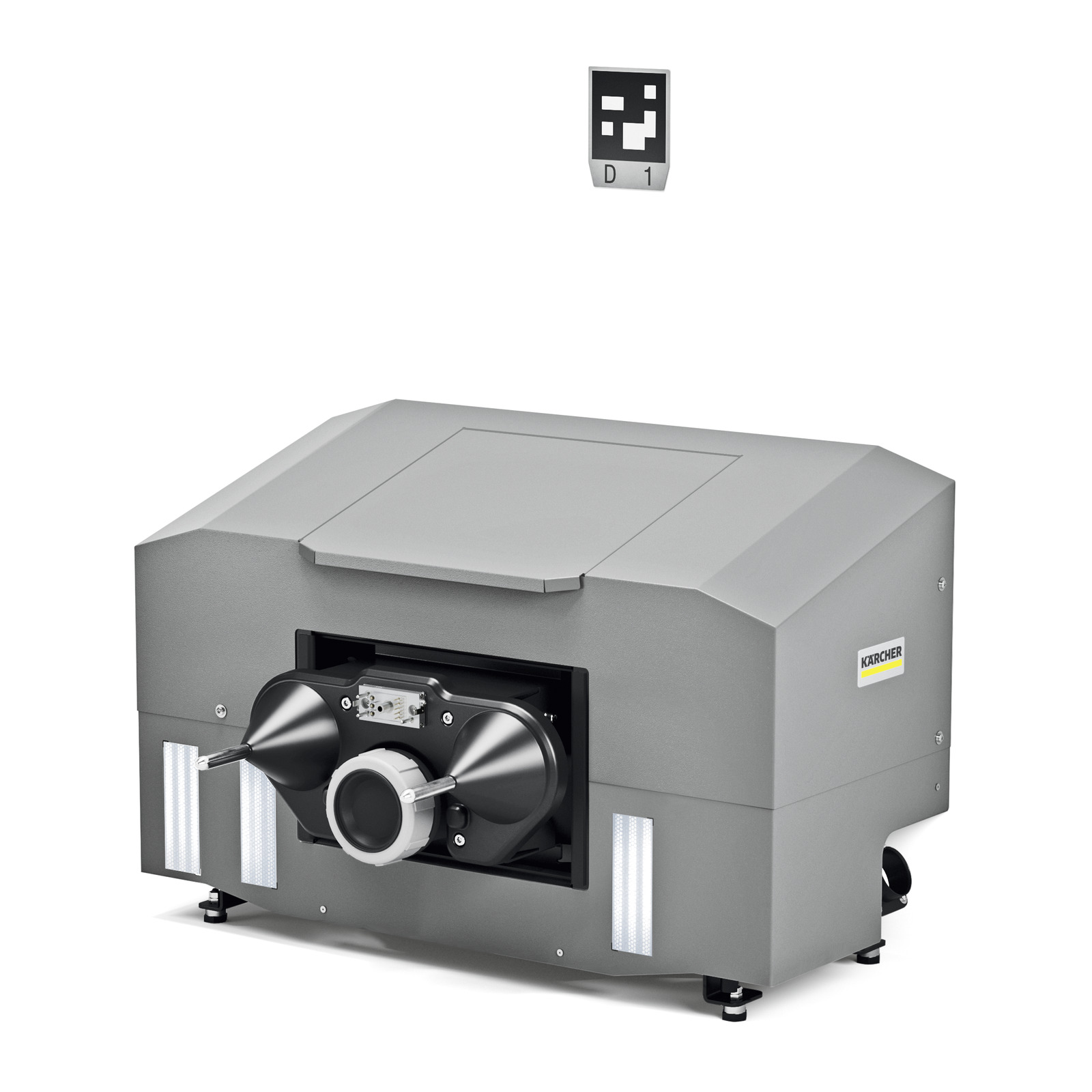 Kärcher automated cleaning system with dual rotating brushes, metallic casing, and a digital marker labelled D1 above.