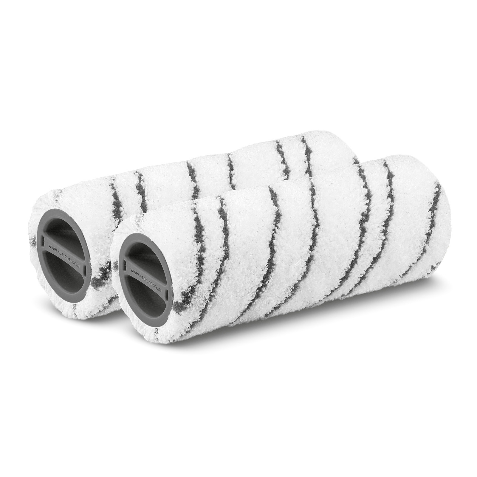 Two white Kärcher roller brushes with grey stripes, positioned side by side on a white background. Two white Kärcher roller brushes with grey stripes, positioned side by side on a white background.