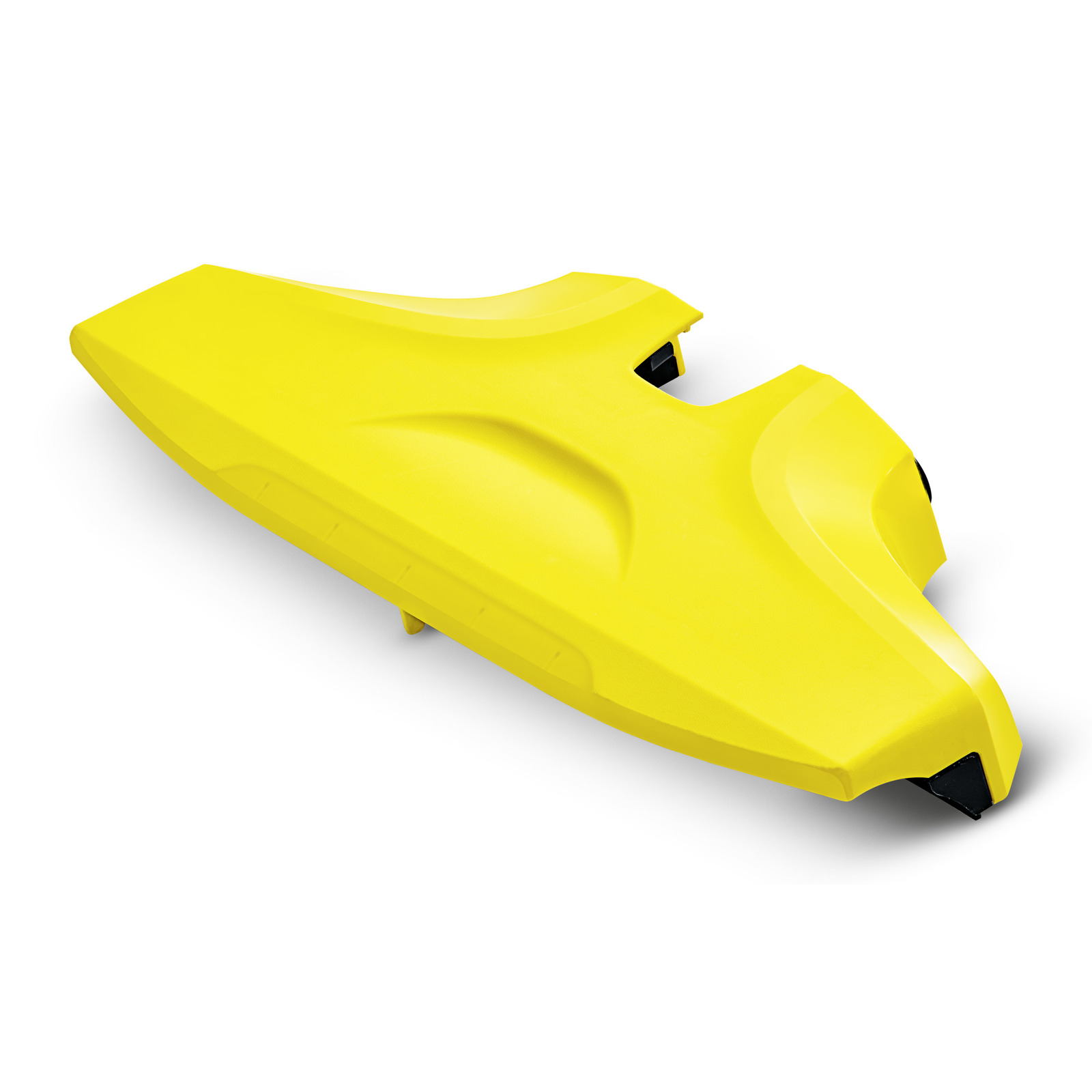 Yellow Kärcher surface cleaner attachment with curved design and black connectors, viewed from above on a white background. Yellow Kärcher surface cleaner attachment with curved design and black connectors, viewed from above on a white background.