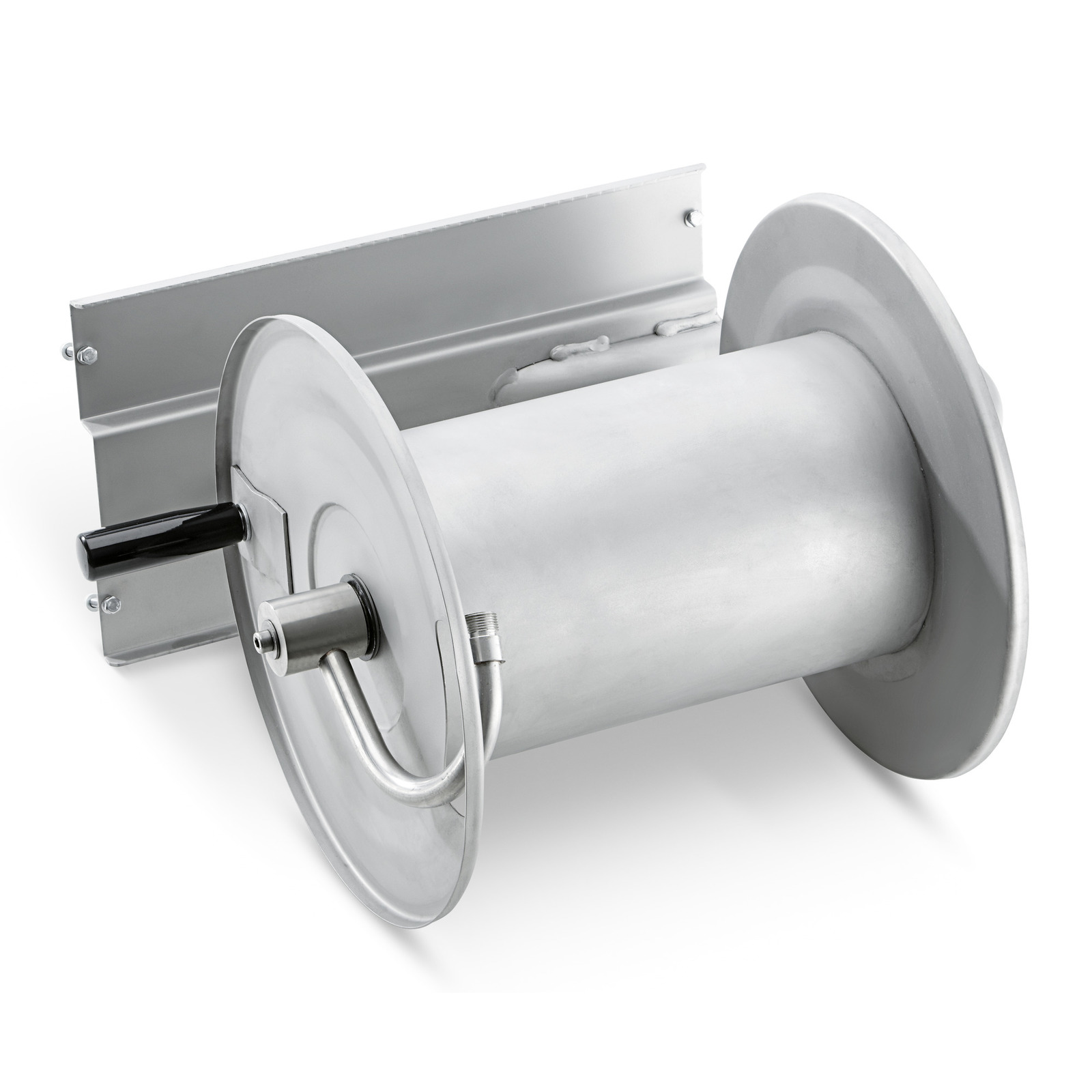 Silver metal hose reel with a cylindrical design, featuring a black handle and mounting bracket.