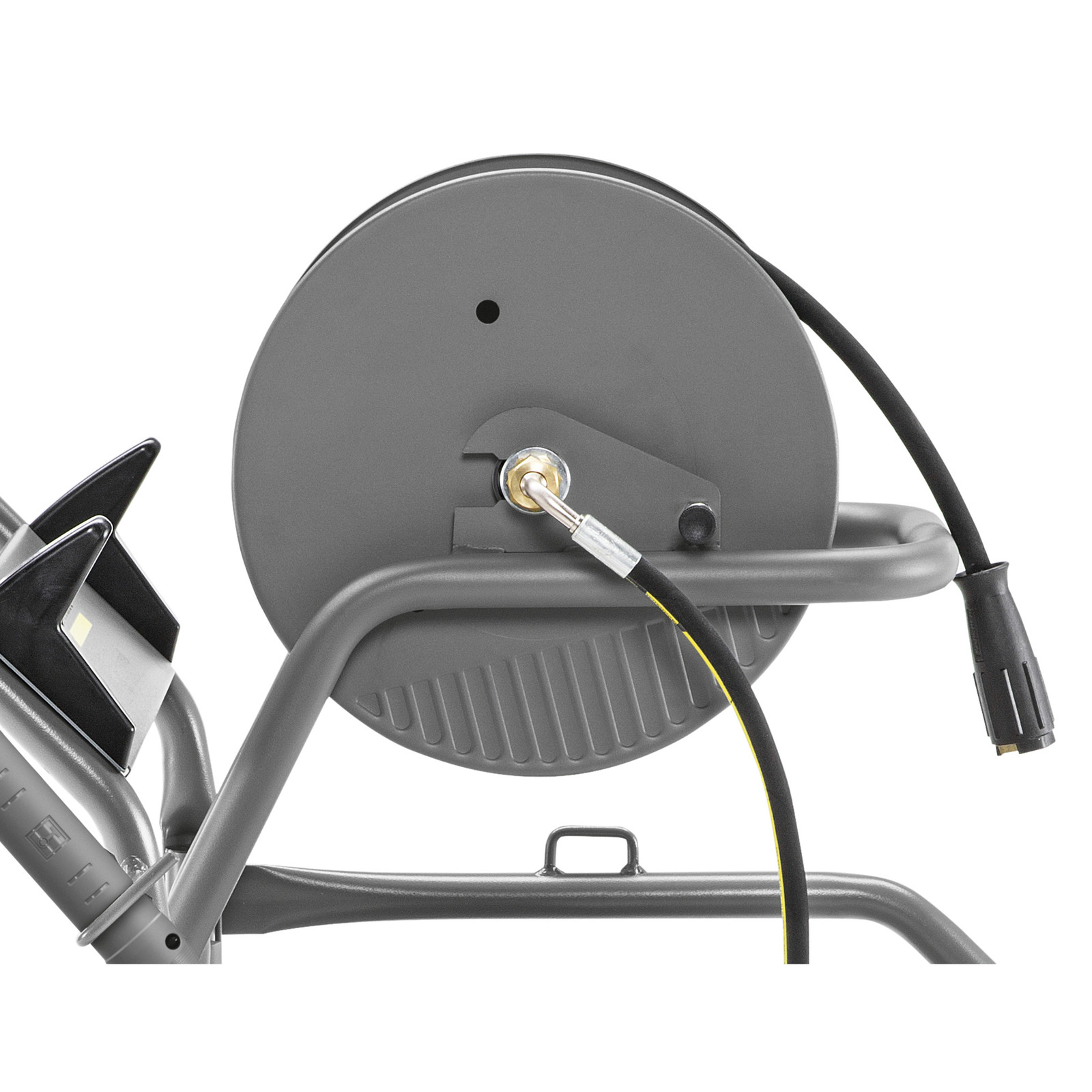 Kärcher hose reel with attached black hose, mounted on a metal frame, against a white background. Kärcher hose reel with attached black hose, mounted on a metal frame, against a white background.