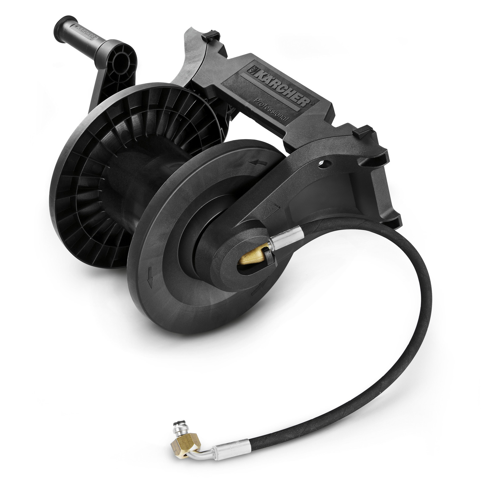 Kärcher hose reel with black winding mechanism and attached hose, featuring a brass connector. Kärcher hose reel with black winding mechanism and attached hose, featuring a brass connector.