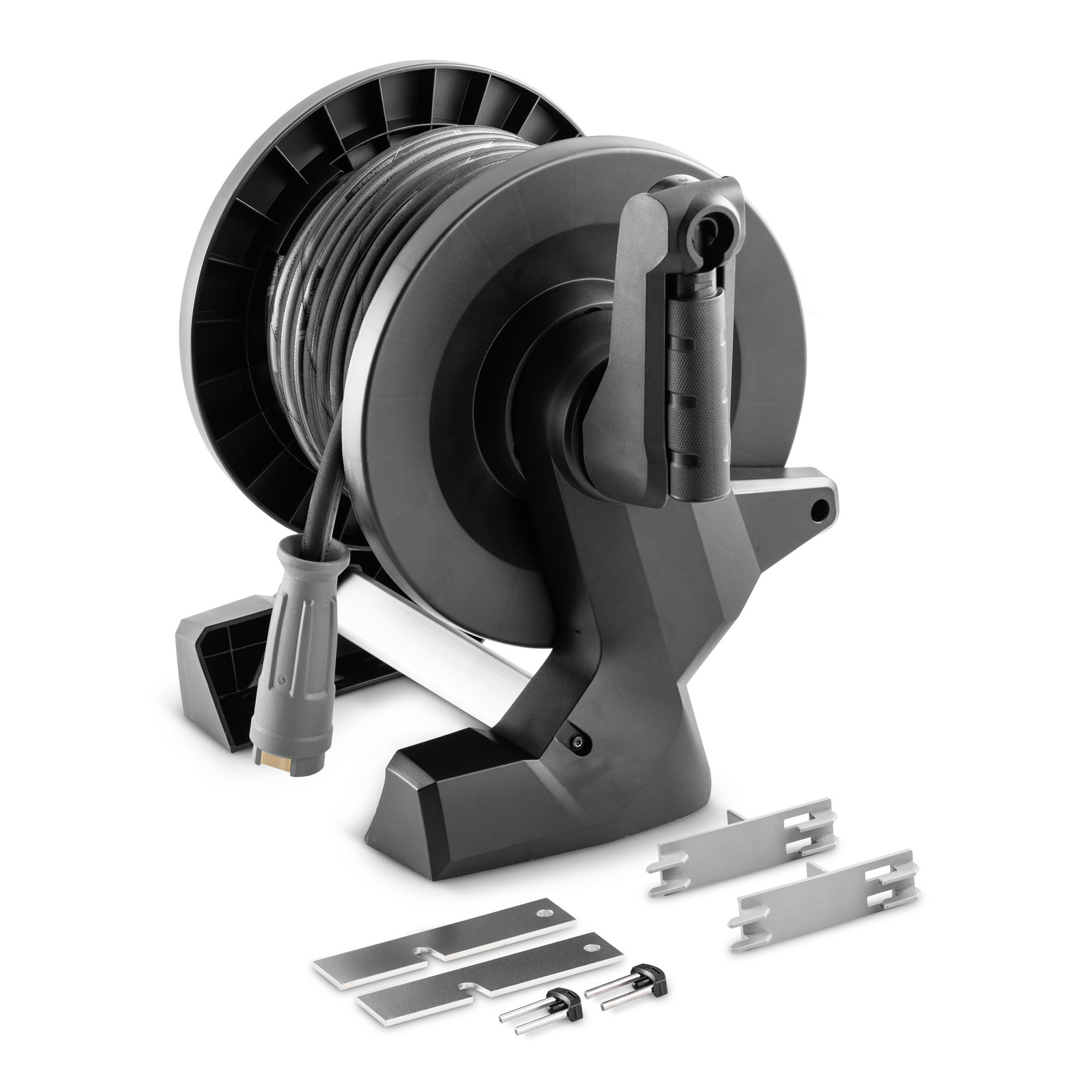 Kärcher hose reel with black handle, coiled hose, and mounting accessories on a white background.