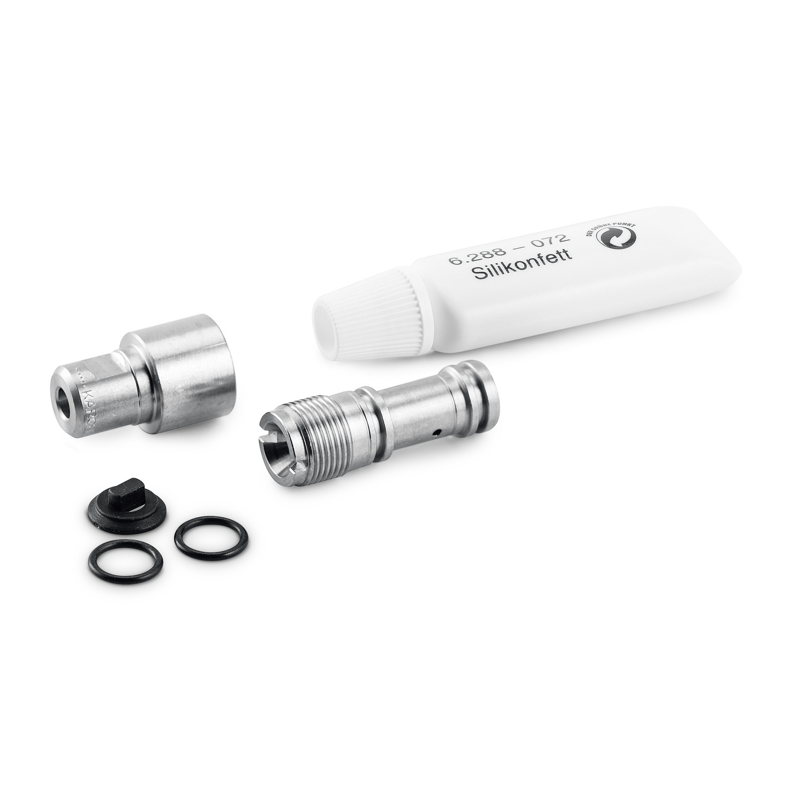 Kärcher metal nozzle set with silicone grease tube, black cap, and two rubber rings on a white background.