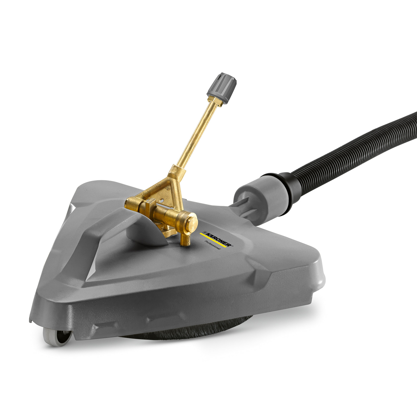 Kärcher surface cleaner with a triangular grey body, brass nozzle, and attached black hose. Kärcher surface cleaner with a triangular grey body, brass nozzle, and attached black hose.