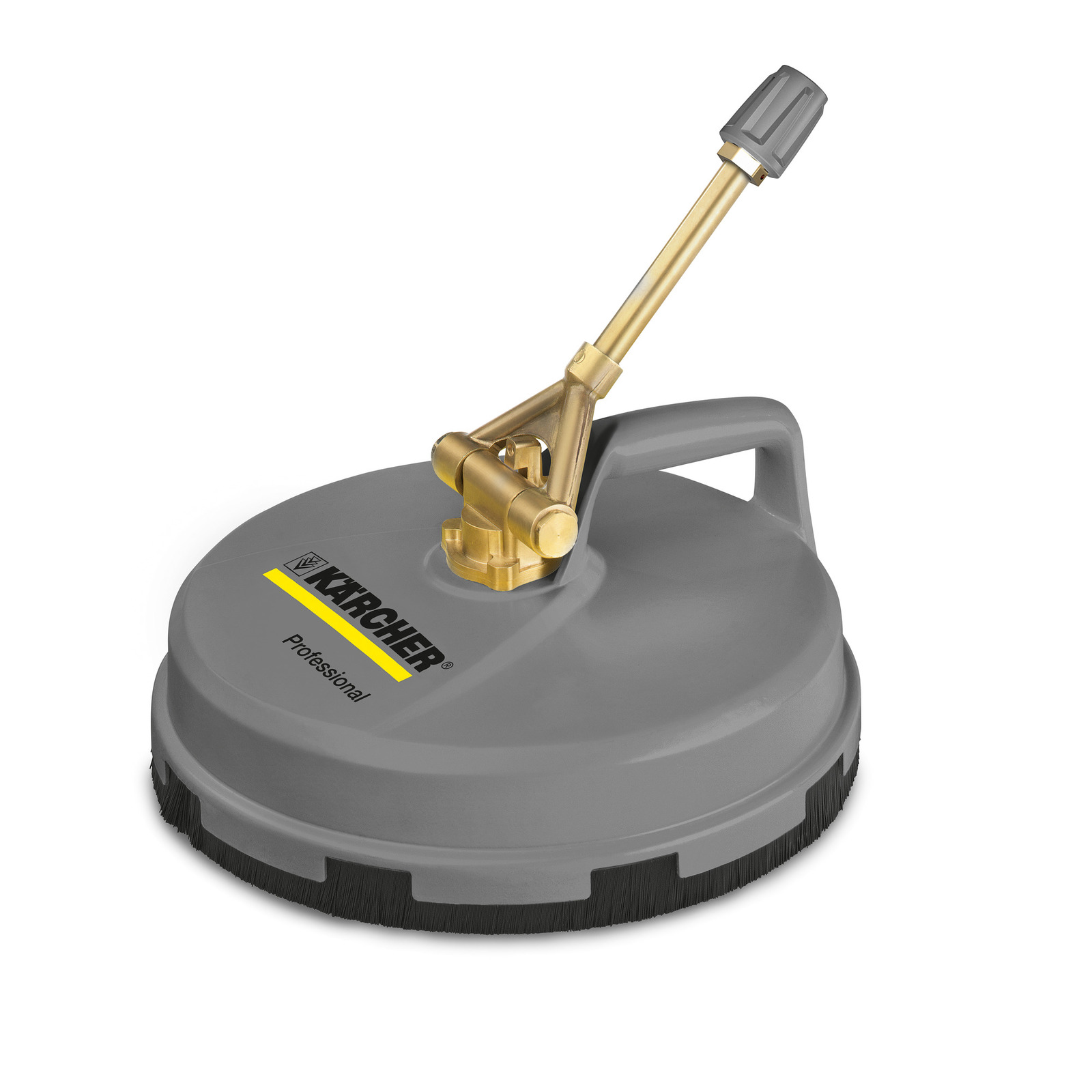 Grey Kärcher surface cleaner with brass handle and black bristles, labelled "Professional." Grey Kärcher surface cleaner with brass handle and black bristles, labelled "Professional."