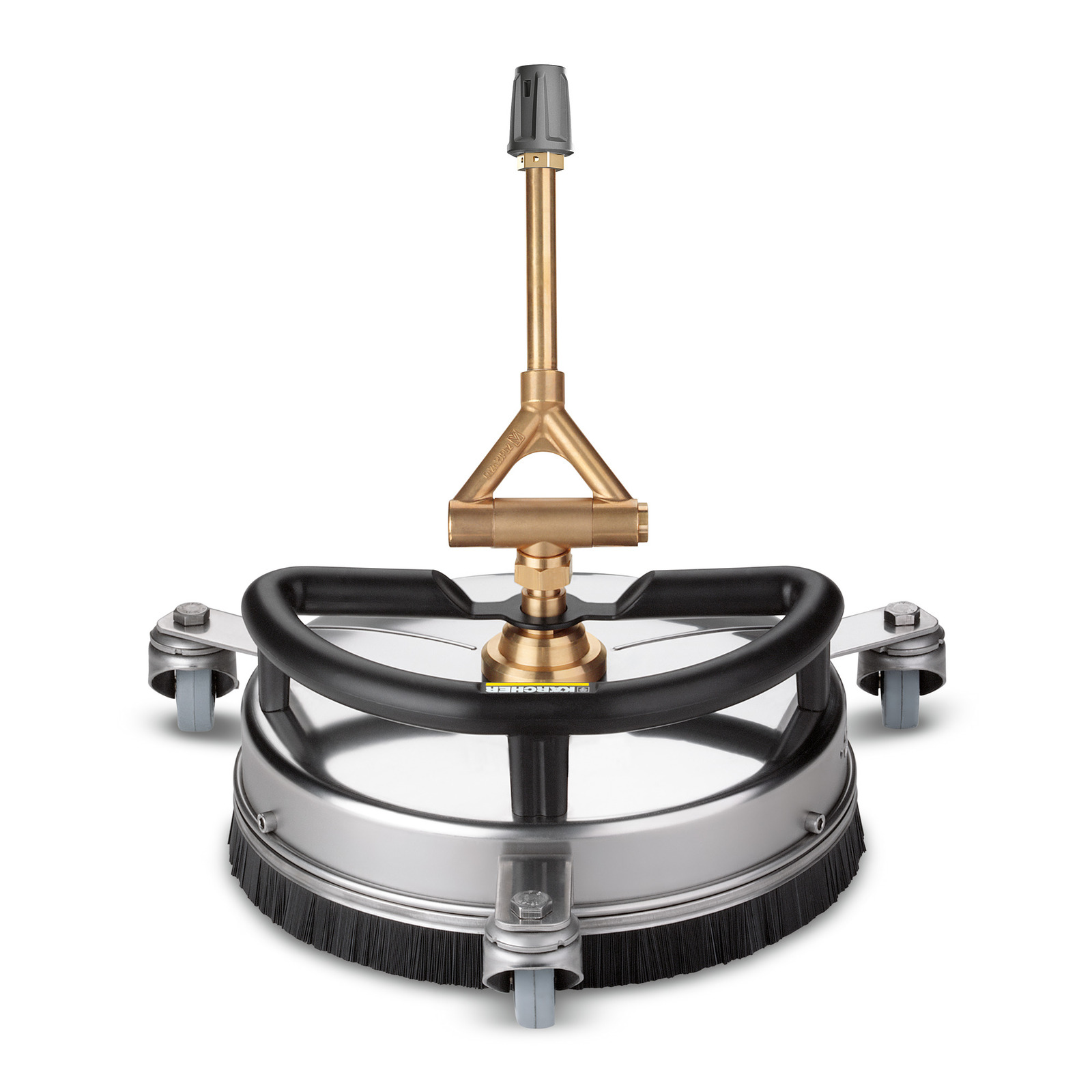 Kärcher surface cleaner with a circular design, black handle, brass fittings, and four wheels. Kärcher surface cleaner with a circular design, black handle, brass fittings, and four wheels.