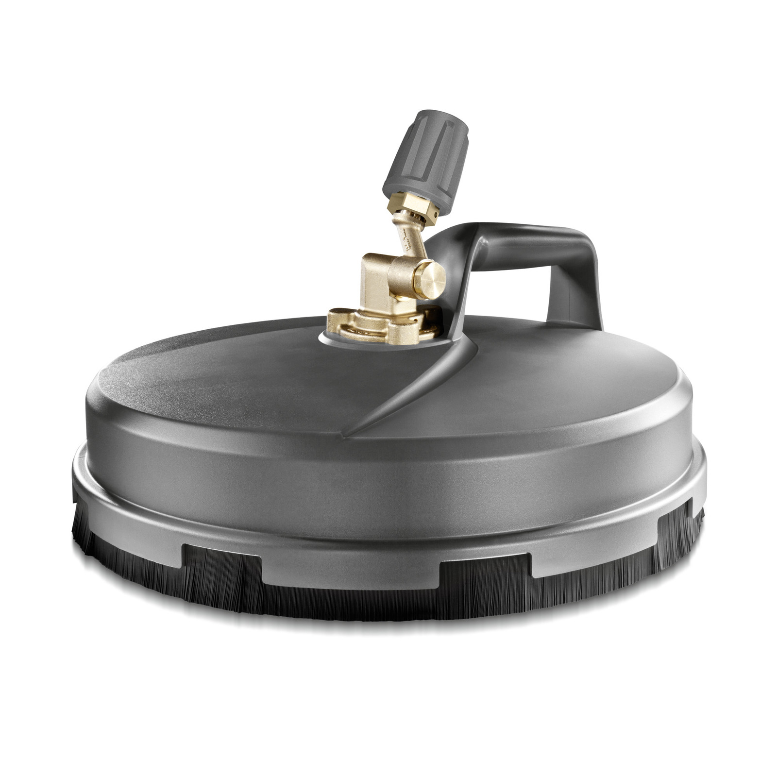 Kärcher surface cleaner with a round black brush and brass connector, featuring a handle on top.
