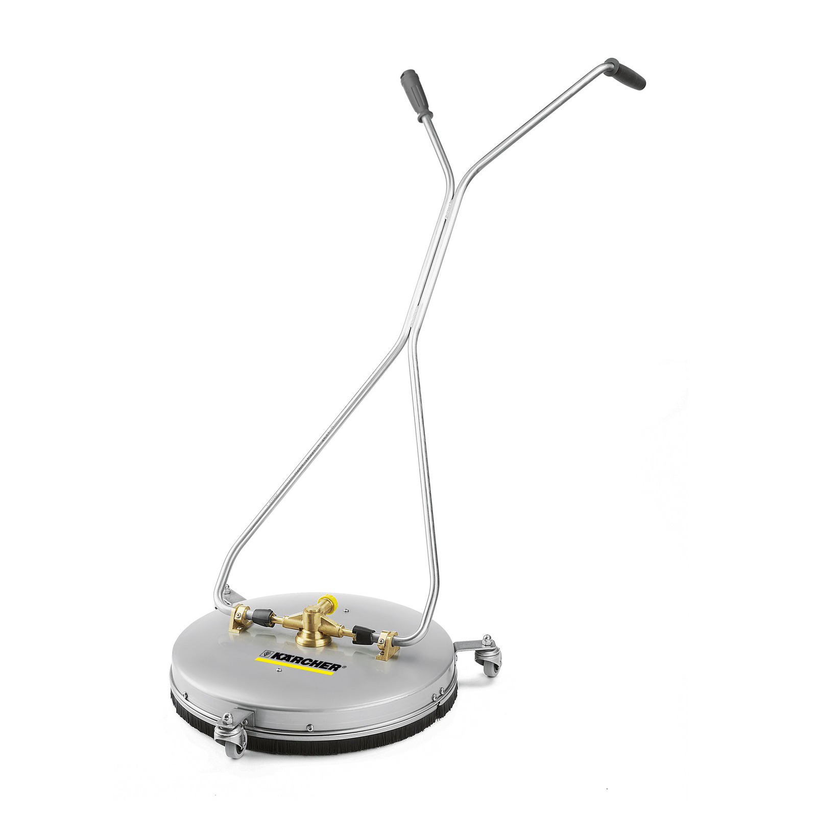 Kärcher surface cleaner with dual handles and wheels, featuring a circular base and brass fittings. Kärcher surface cleaner with dual handles and wheels, featuring a circular base and brass fittings.