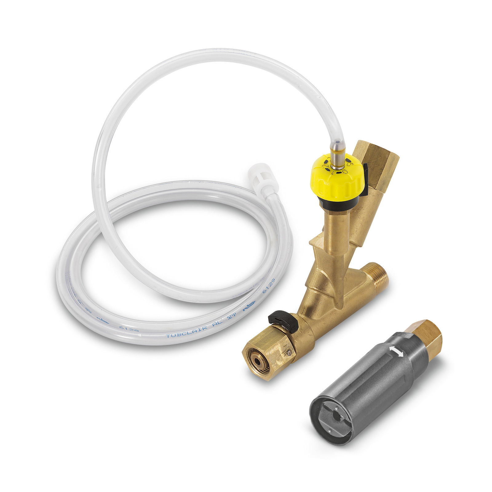 Kärcher foam nozzle with brass fittings and transparent hose, featuring a yellow cap and grey cylindrical attachment. Kärcher foam nozzle with brass fittings and transparent hose, featuring a yellow cap and grey cylindrical attachment.