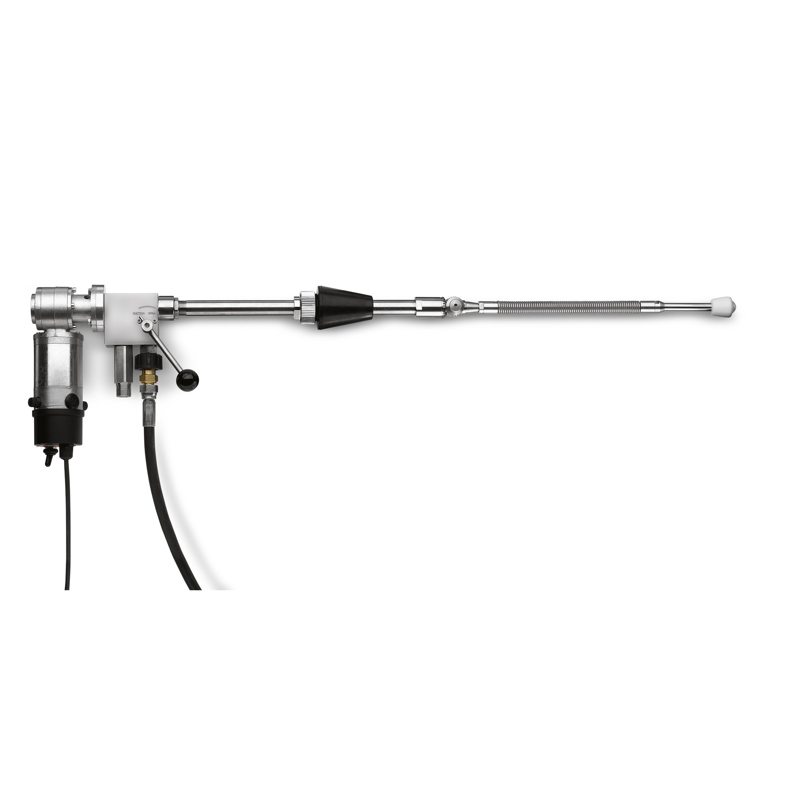 Kärcher high-pressure cleaner lance with adjustable nozzle and control lever, connected to a hose, on a white background. Kärcher high-pressure cleaner lance with adjustable nozzle and control lever, connected to a hose, on a white background.