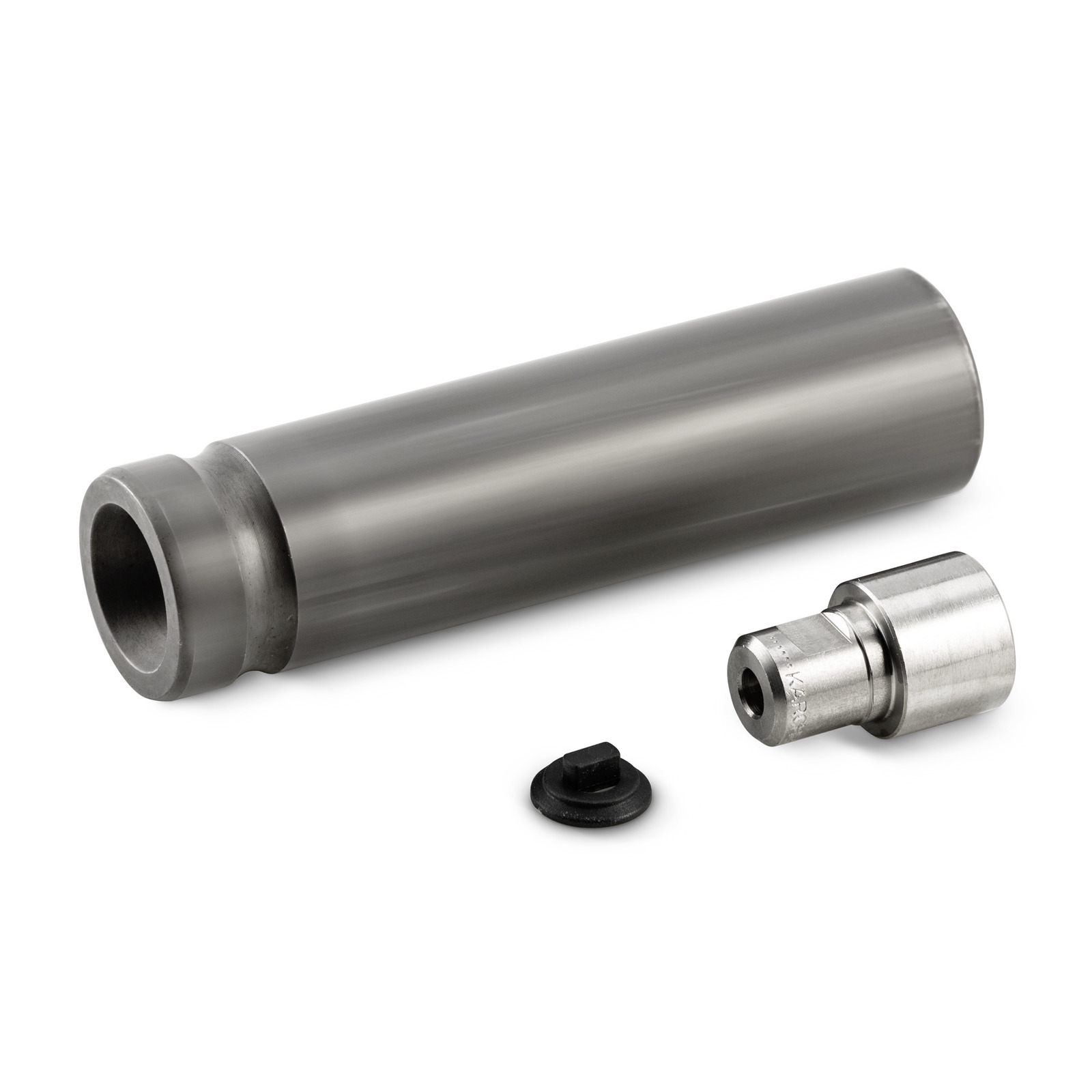 Metal cylinder, nozzle, and black rubber stopper on a white background.