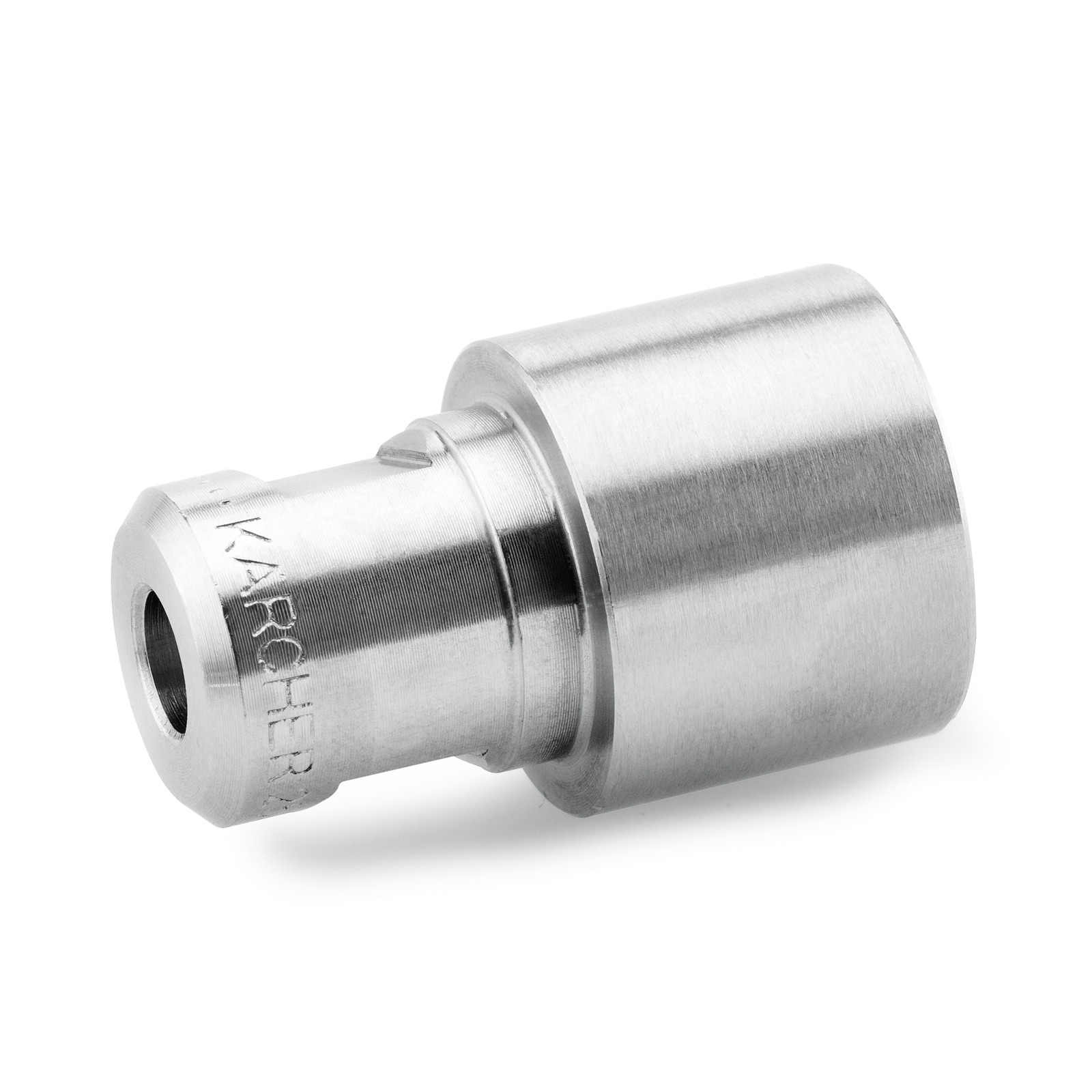 Silver Kärcher nozzle with engraved logo, cylindrical shape, smooth metallic finish, isolated on white background.