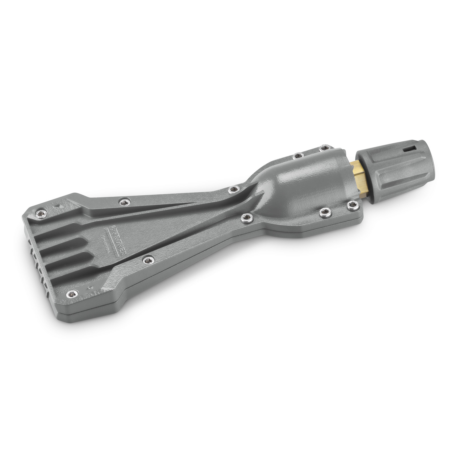 Grey Kärcher high-pressure cleaner accessory with multiple screws and a connector end, placed on a white background.