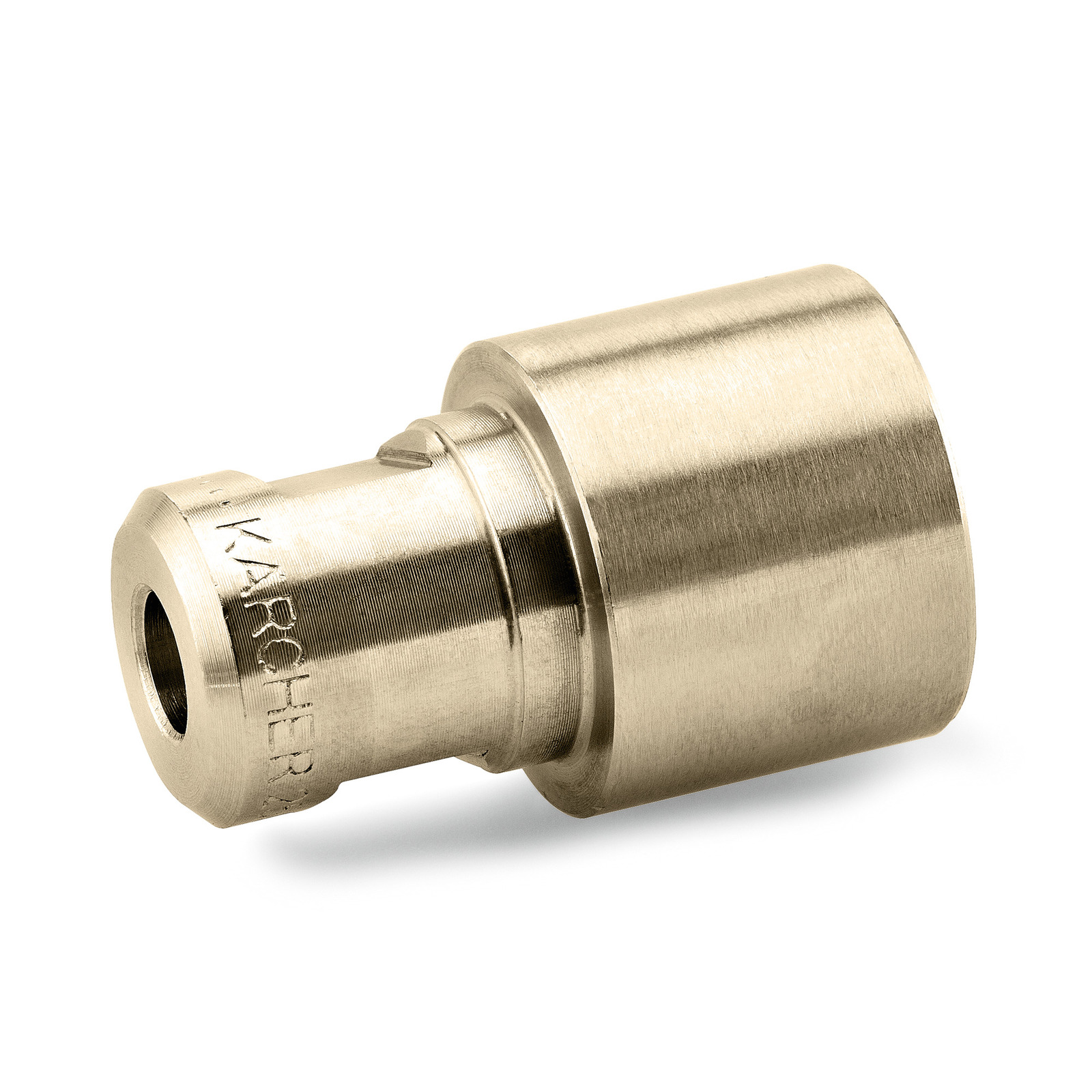 Brass Kärcher nozzle with engraved logo, cylindrical shape, isolated on white background. Brass Kärcher nozzle with engraved logo, cylindrical shape, isolated on white background.