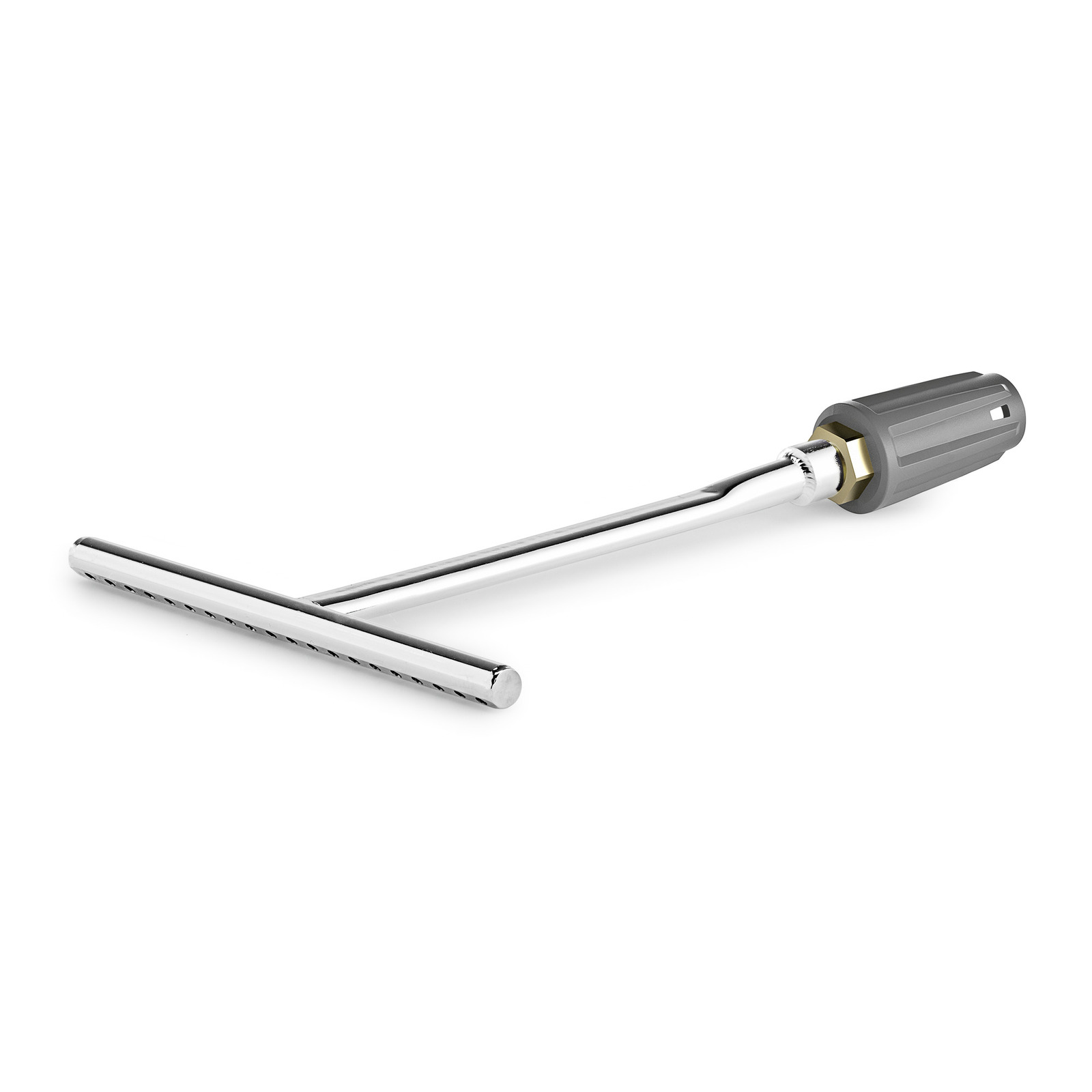 Chrome-plated Kärcher surface cleaner attachment with a grey handle, designed for pressure washers.
