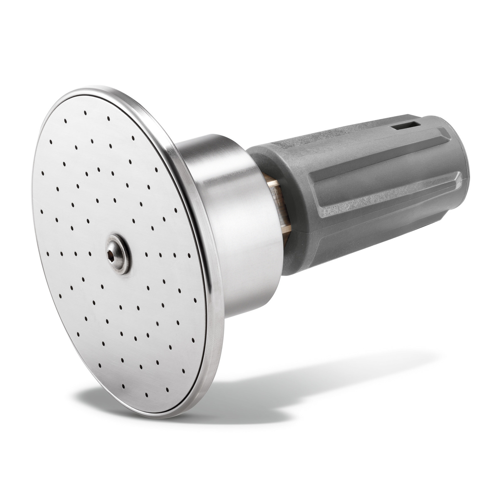 Duza rotativă din metal cu perforații, atașată la un mâner gri, pe fundal alb. Duza rotativă din metal cu perforații, atașată la un mâner gri, pe fundal alb.