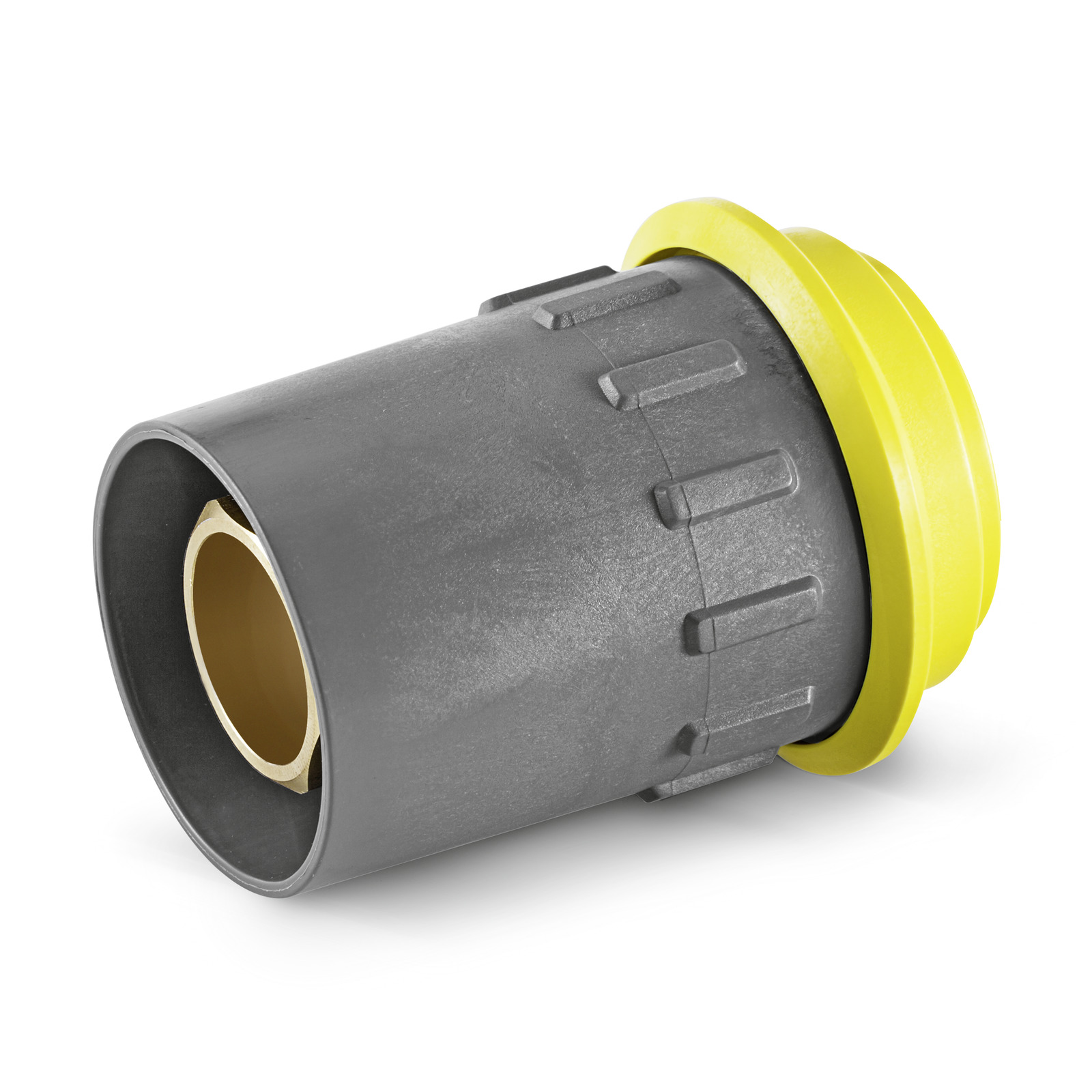 Grey cylindrical Kärcher accessory with a yellow rim and textured surface. Grey cylindrical Kärcher accessory with a yellow rim and textured surface.